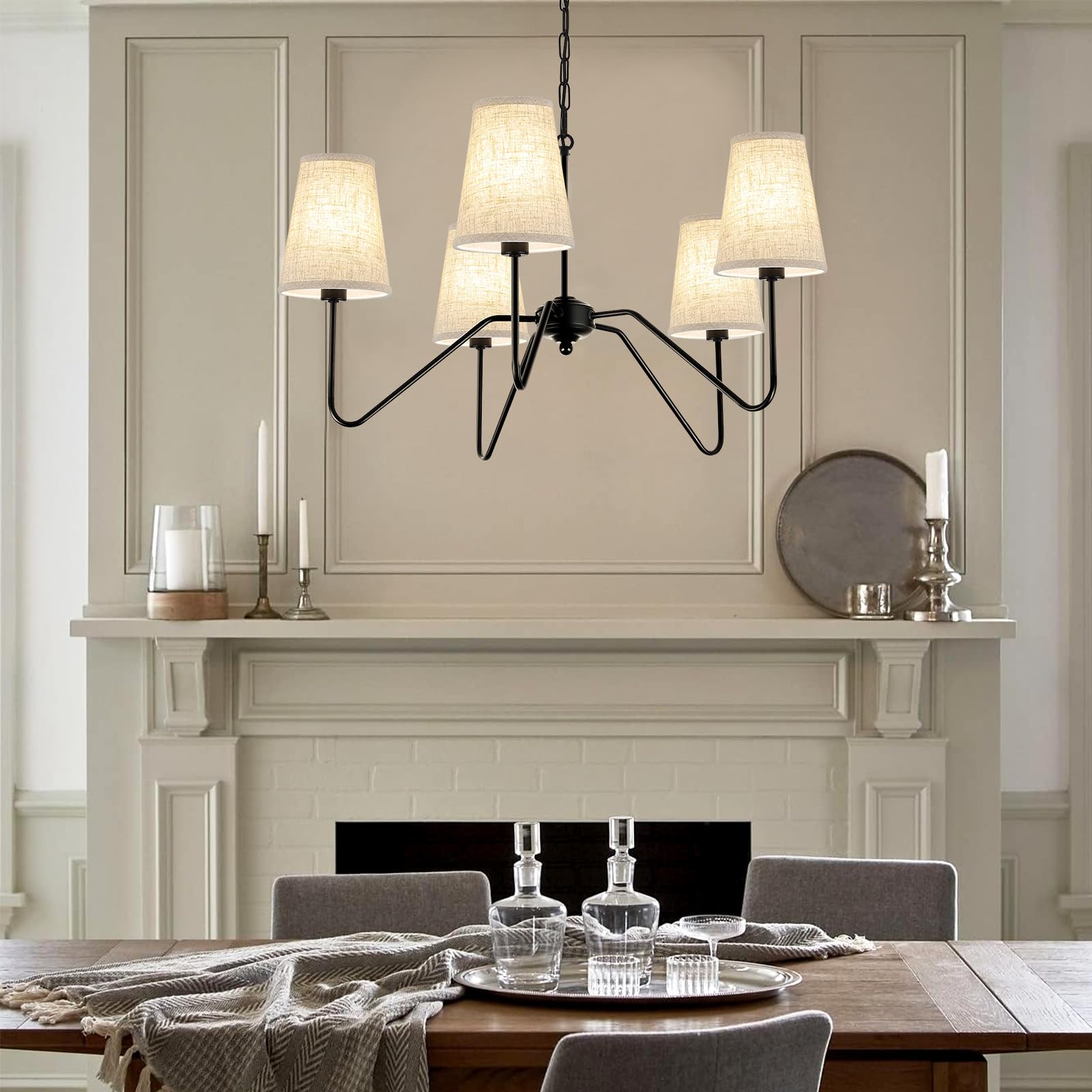 Jsdorsy Chandelier With Linen Shade  Black Dining Room Light Fixtures Over Table  Classic Pendant Light Fixtures Ceiling Hanging Lighting For Living Room Bedroom  5-Arm  30 Dia