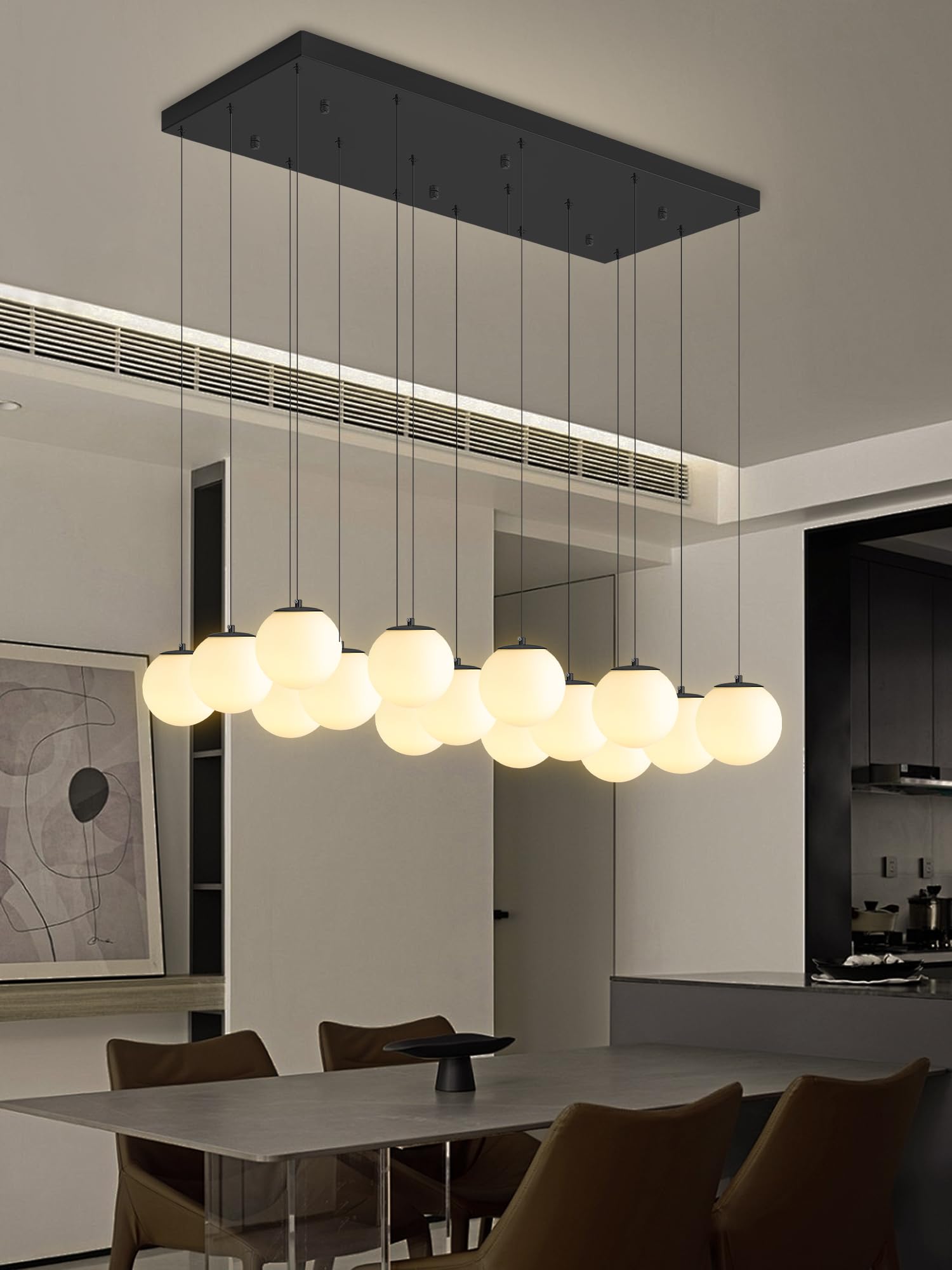 ykolupty 16-Light Black Chandelier with White Globe Glass Dimmable Ceiling Light Glass Pendant Light for Kitchen Island, Dining 