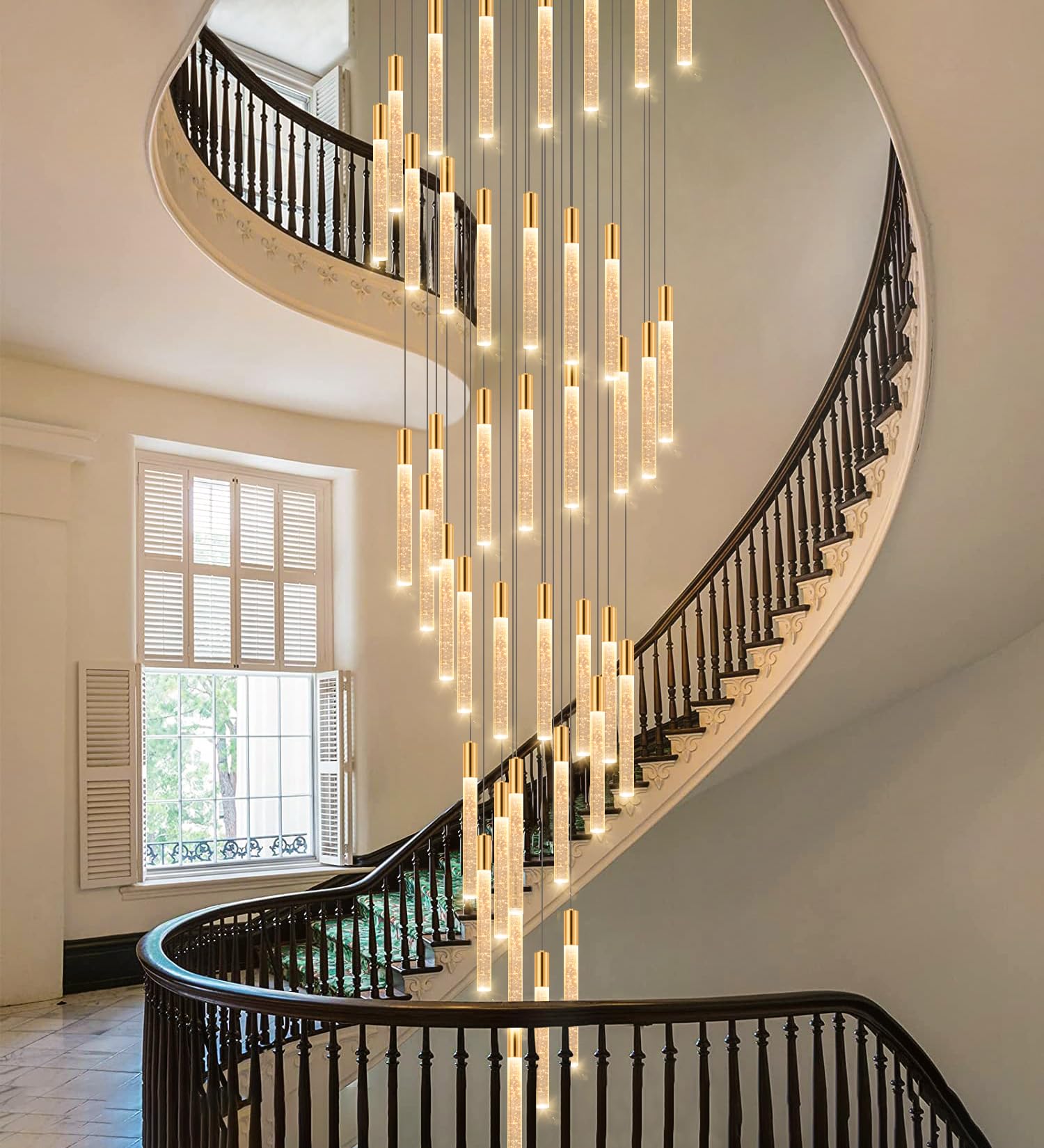 HAIXIANG 20 Foot 48-Light Gold High LED Dimmable Chandeliers Ceiling Pendant Light Fixtures Remote Control Light Fixtures Crysta