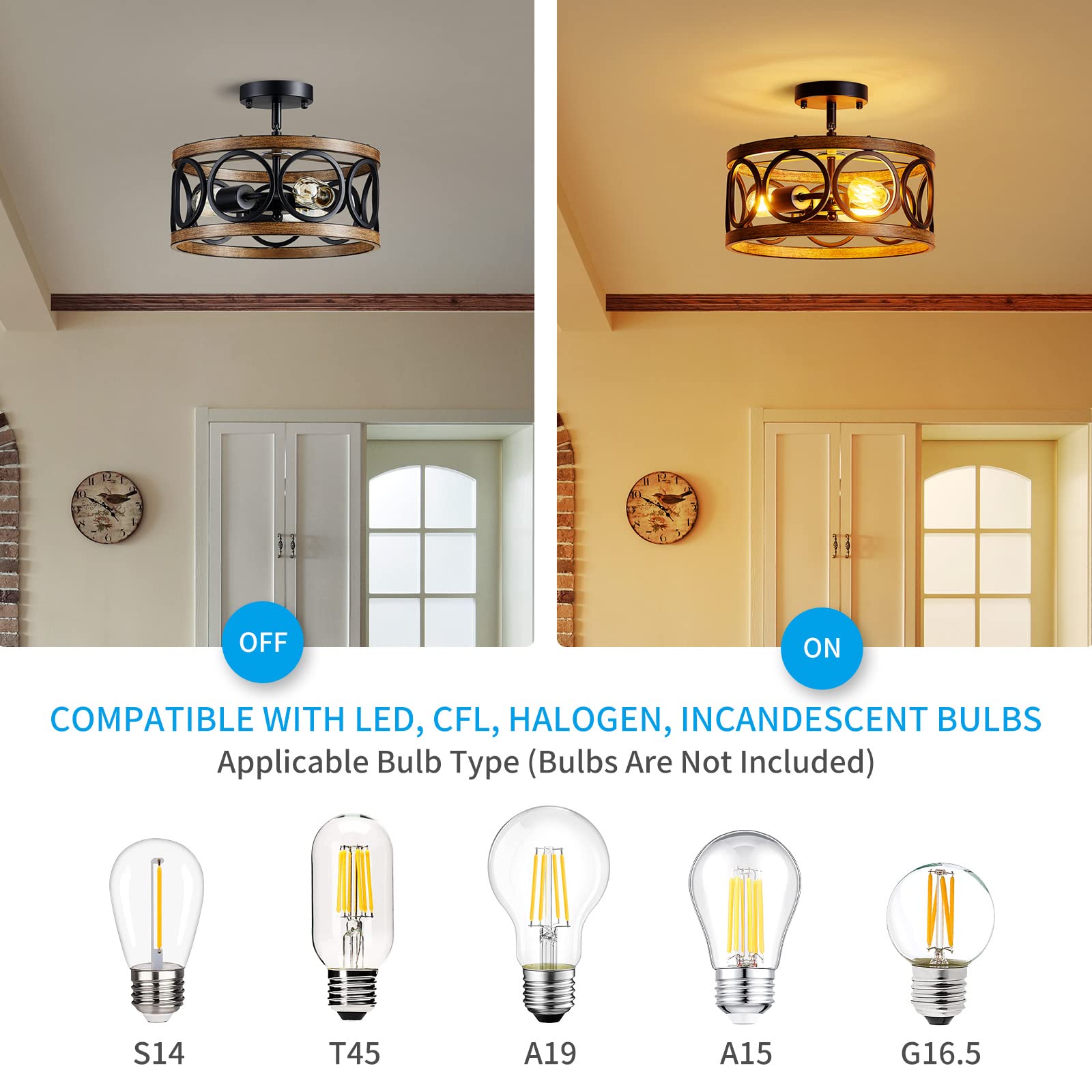Xingqi Semi Flush Mount Ceiling Light Fixture Modern 3-Light Farmhouse Ceiling Lights For Bedroom Living Room Dining Room Entry Hallway Foyer 13" Black And Wood Grain Finish