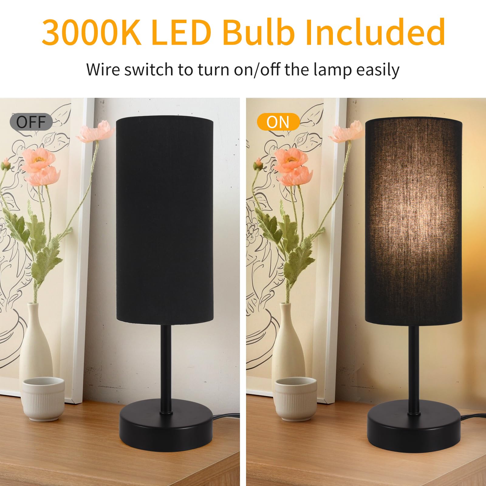Rislg 2 Pack Table Lamp For Bedroom, Bedside Lamps For Nightstand With Wire Switch, Minimalist Desk Lamps With Linen Fabric Shad