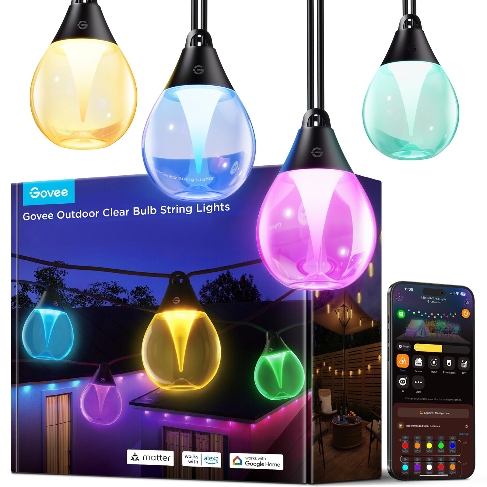 Govee Outdoor String Lights, 48ft RGBWIC, 15 Dimmable Warm White Bulbs, IP67 Waterproof, Works with Alexa & Google, Model H7025