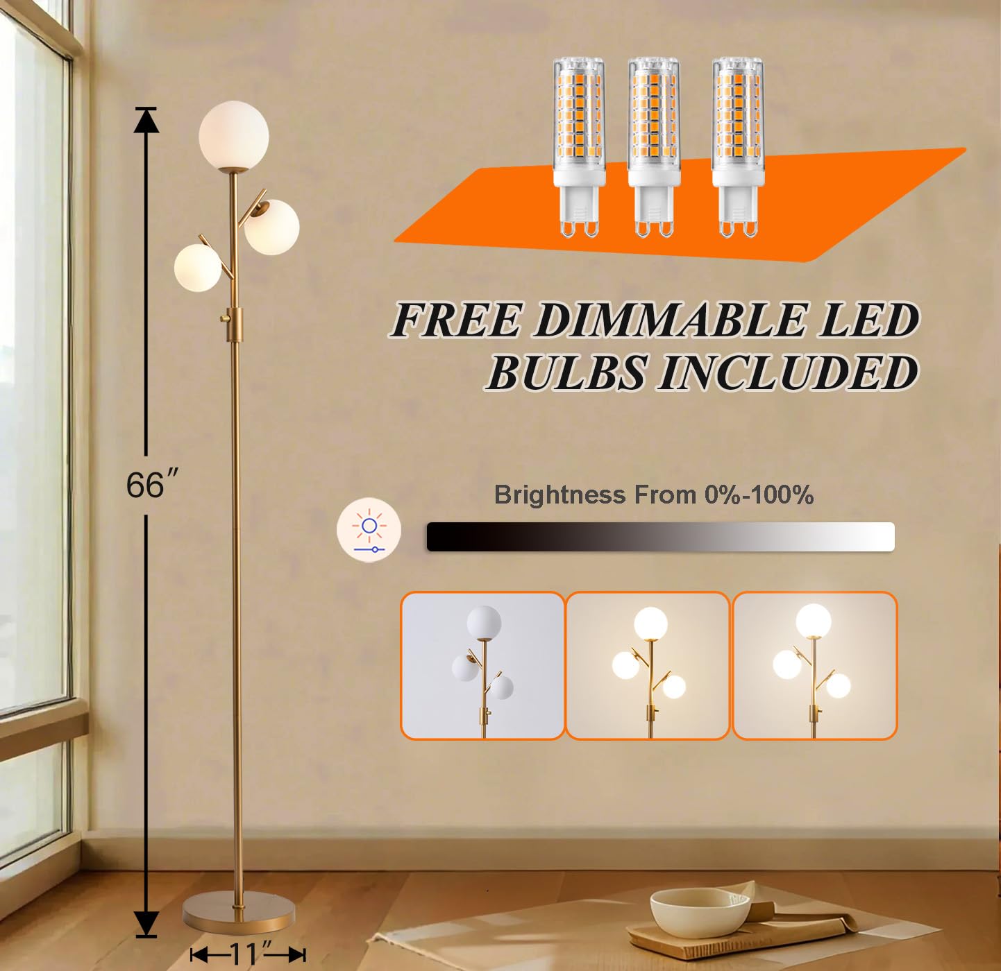 Fiqevs ?Upgraded? Dimmable Floor Lamp, 3 X 800Lm Led Bulbs Included Brightness Adjustable, Mid Modern Globe Floor Lamps For Livi