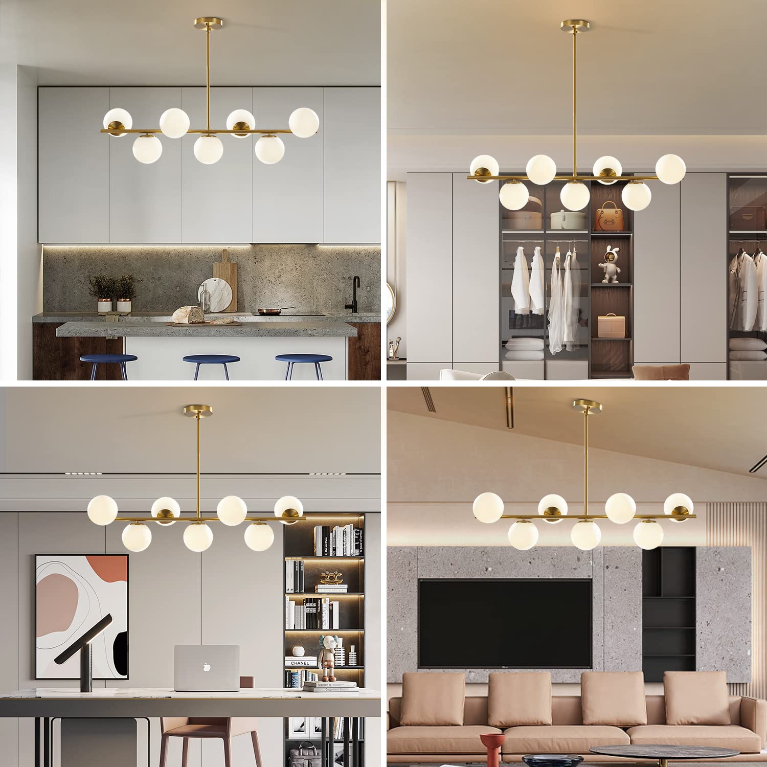 KCO Modern Brass Linear Chandelier Pendant Light, 7-Lights, Gold & White Glass, Mid Century Design for Living Room & Kitchen, Model L1043