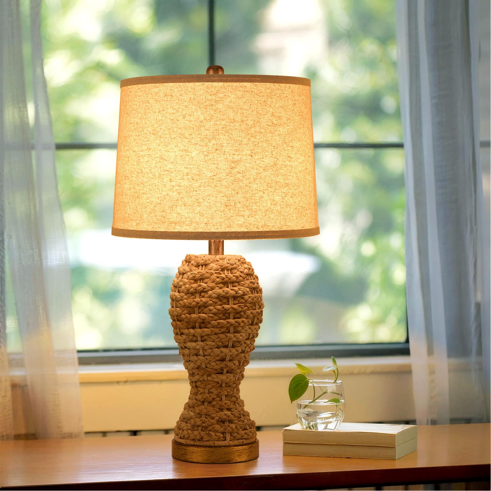 24.4 Boho Table Lamps for Living Room, Bedside Lamp for Nightstands, Rattan Lamp Wicker Lamp for Bedroom, Farmhouse Rustic Woven