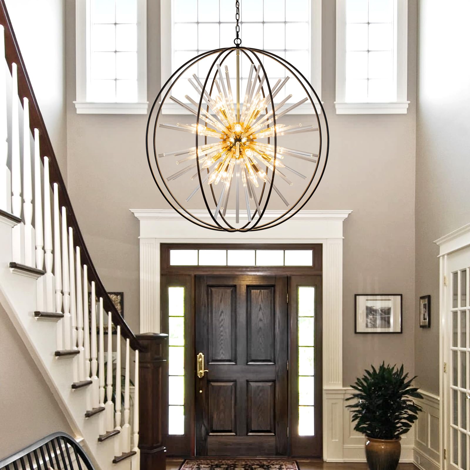 Vezzio 35" Black and Gold Crystal Chandelier, 20-Light Modern Farmhouse Design for High Ceilings, Foyer, Dining Room, Model ZJ-10