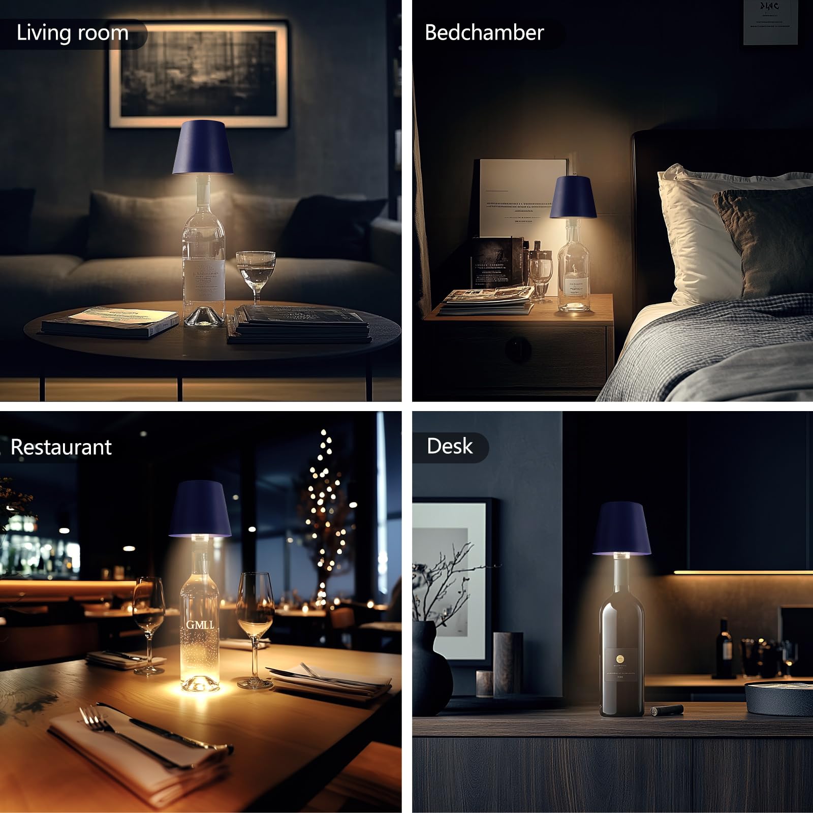 Mebaraul Wine Bottle Lamp - 3 Color Rechargeable Wireless - Touch Dimming - 4.2 in - Royal Blue - Model 1063296