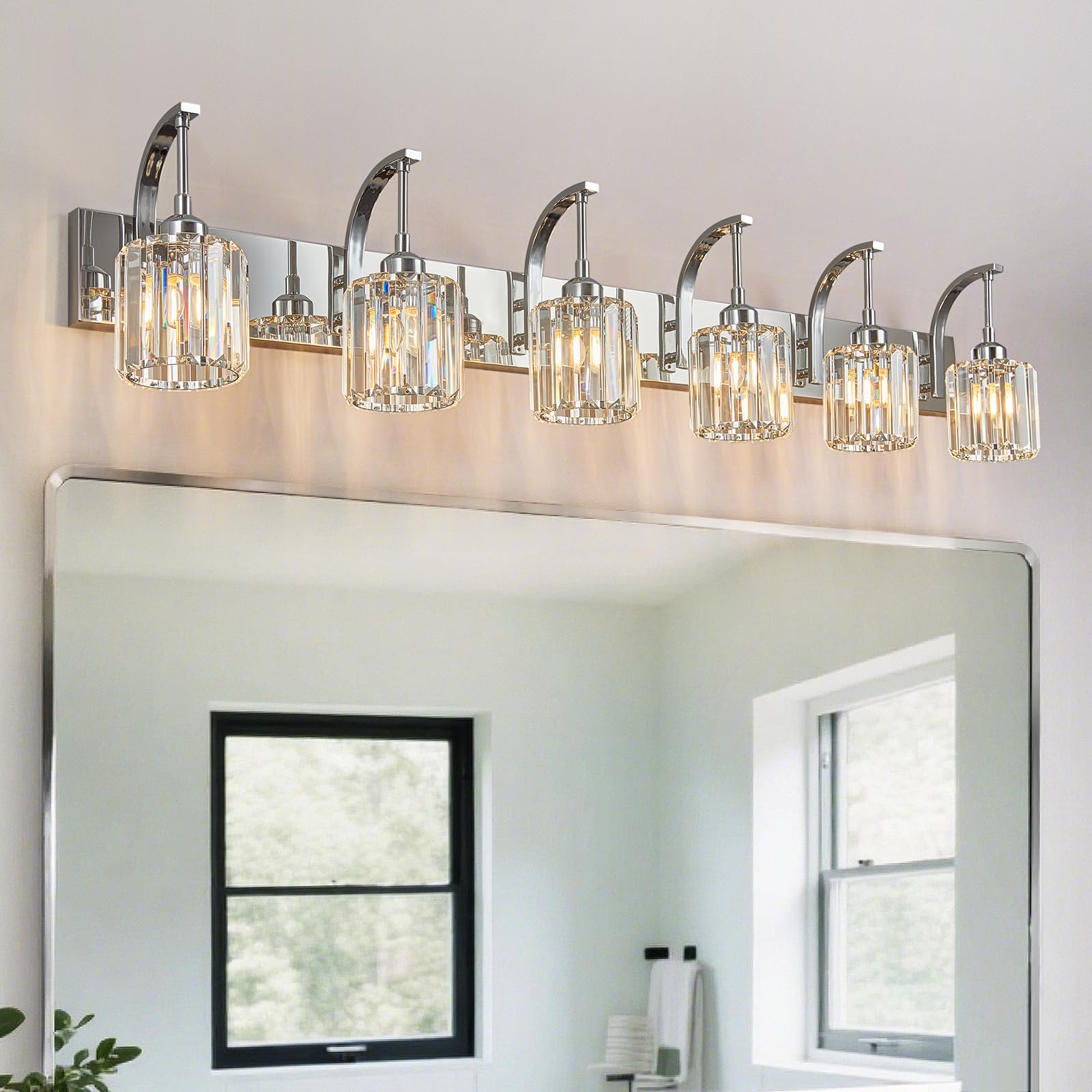 Fdpby 6-Light Crystal Vanity Light  Chrome Modern Wall Sconce With K9 Crystal Shades  51.18 Long Over Mirror Lighting For Bathroom  Makeup  Hallway  Elegant & Easy Install