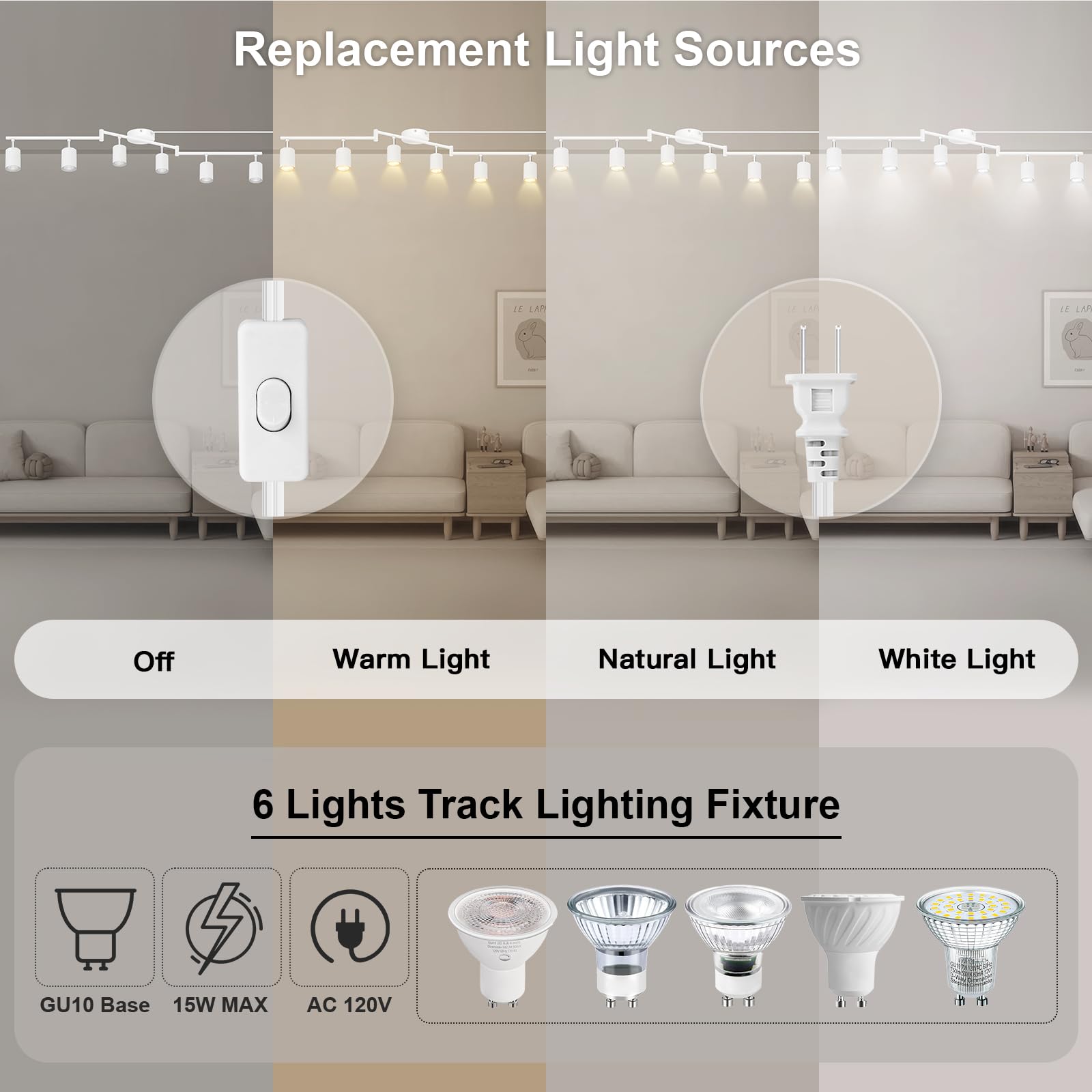 Bricosmocon Plug in Track Lighting - 6-Light Ceiling Fixture, White, Metal, GU10 Socket, 14.8ft Cord, Rotatable Spotlight