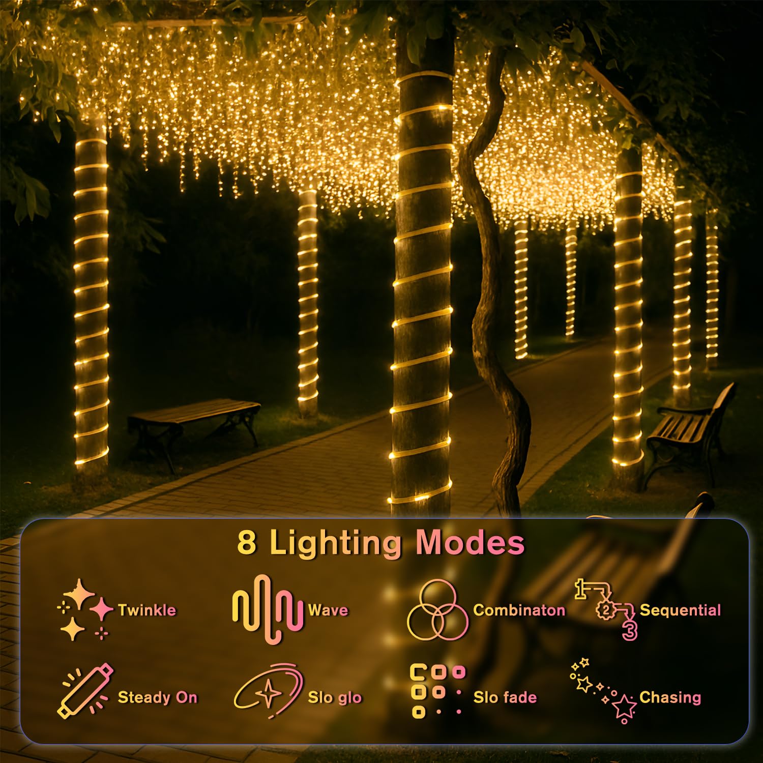 ANJAYLIA Solar Rope Lights, 33FT, 100 LED, Waterproof, 8 Modes, Warm White, Model WWQZD100