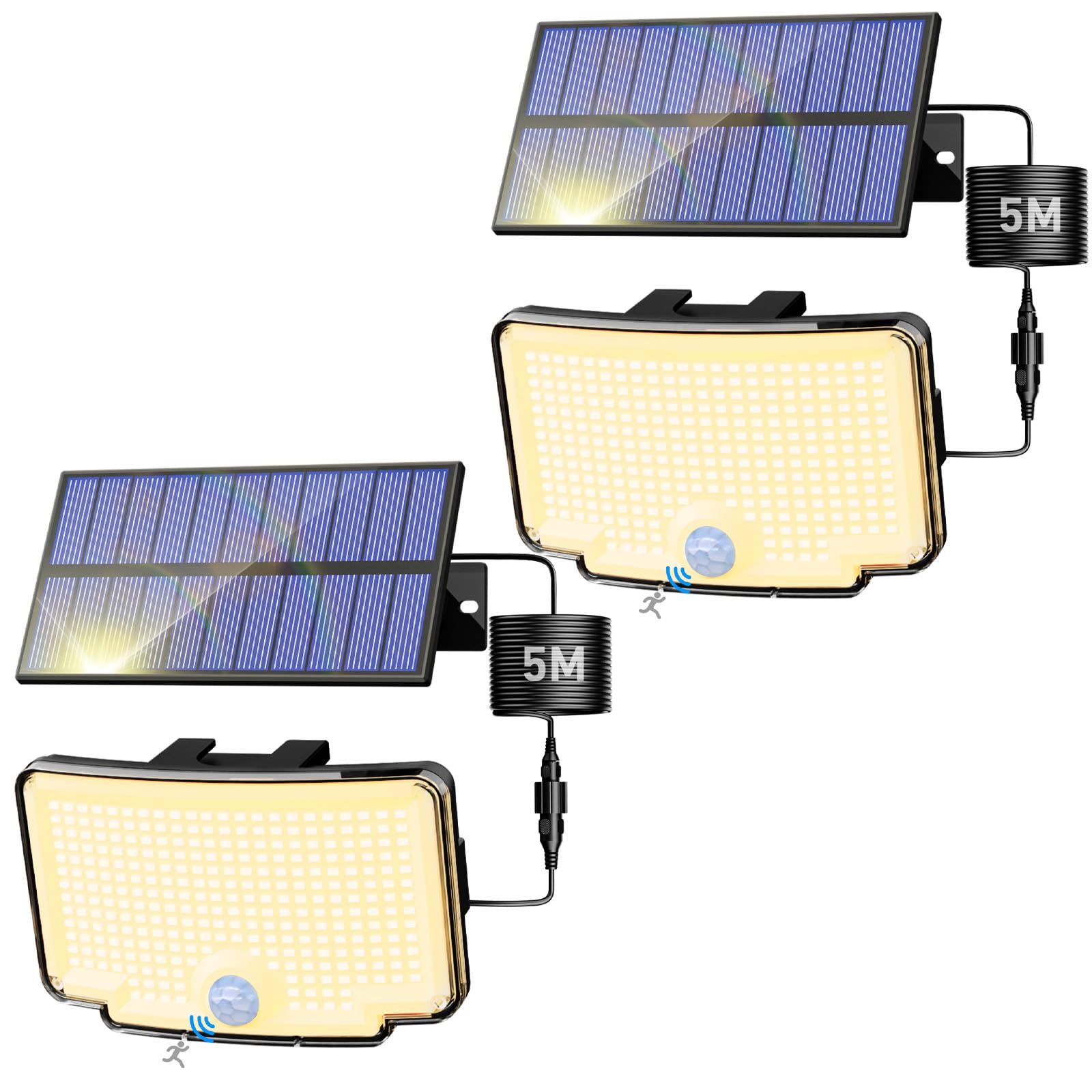 Peasur 2 Pack Solar Motion Lights Outdoor  318 LED Solar Security Light with 3 Modes  IP65 Waterproof Powered Flood Lights for Outside Garden Patio Garage Yard Backyard Warm White