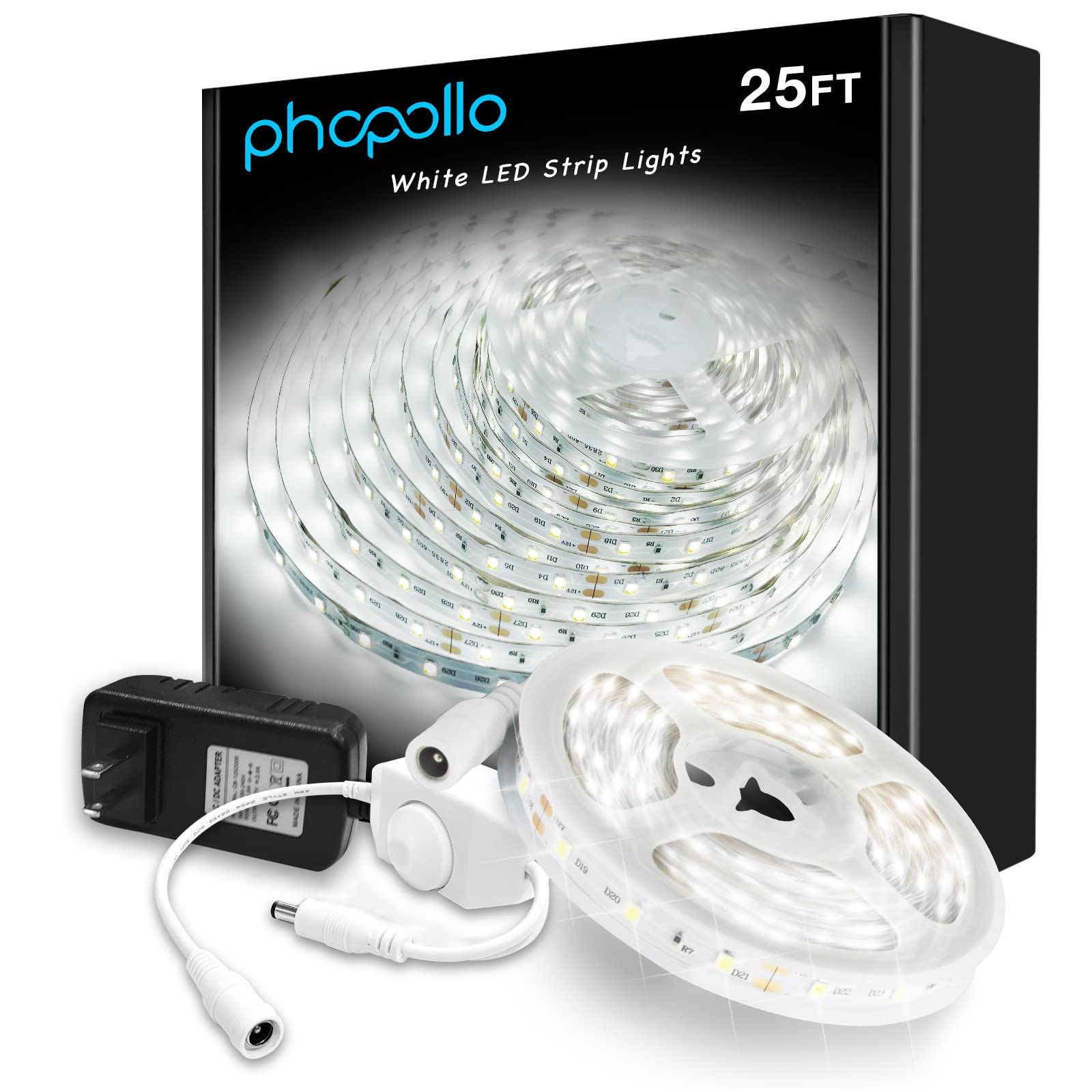 Phopollo White Led Strip Lights , 25Ft Dimmable 6500K Daylight White Led Light Strip, 460 Leds Flexible Led Lights For Bedroom,