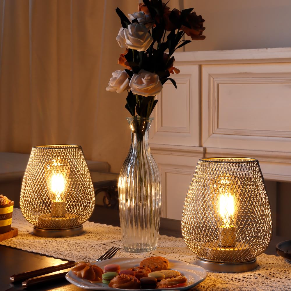 Jhy Design Set Of 2 Metal Cage Led Lantern Battery Powered Cordless Accent Light With Led Great For Weddings Parties Patio Event