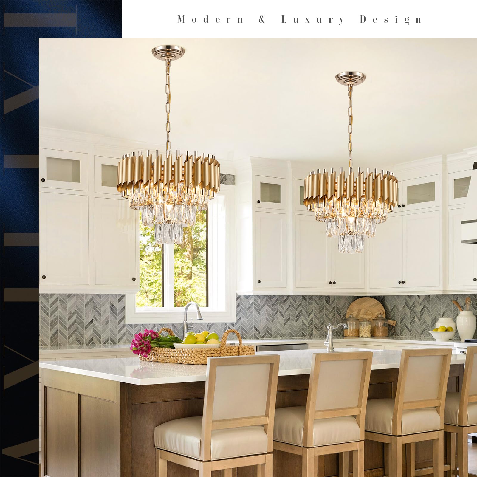 A AXILIXI Gold Crystal Chandelier 16” Modern 3-Tier Dimmable Flush Mount Light Fixture for Dining Room, Living Room, Kitchen, Model 8801