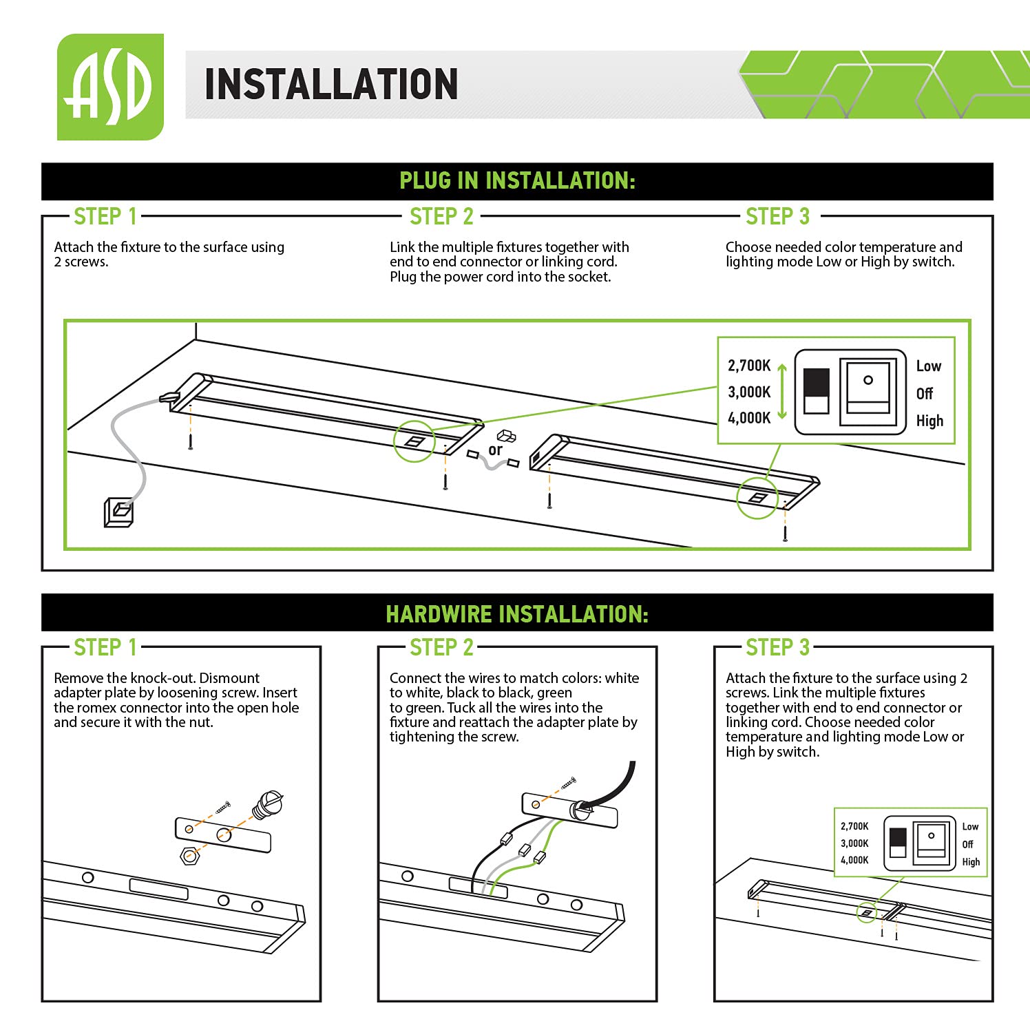Asd Swivel Led Under Cabinet Lighting  12 Inch 5W  Hardwired Or Plug-In  2700K/3000K/4000K Selectable  Rotatable Lens  Dimmable Linkable Under Counter Lights For Kitchen  Etl & Energy Star  4 Pack
