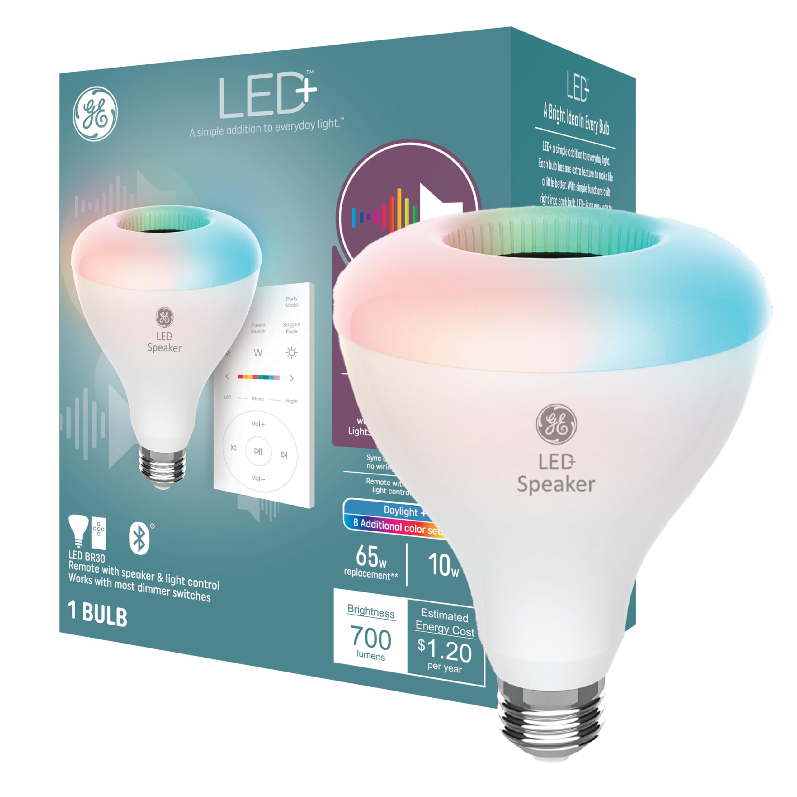 Ge Led+ Color Changing Speaker Led Light Bulb With Remote, Br30 Indoor Floodlight Bulb, Daylight And Multicolor (1 Pack)