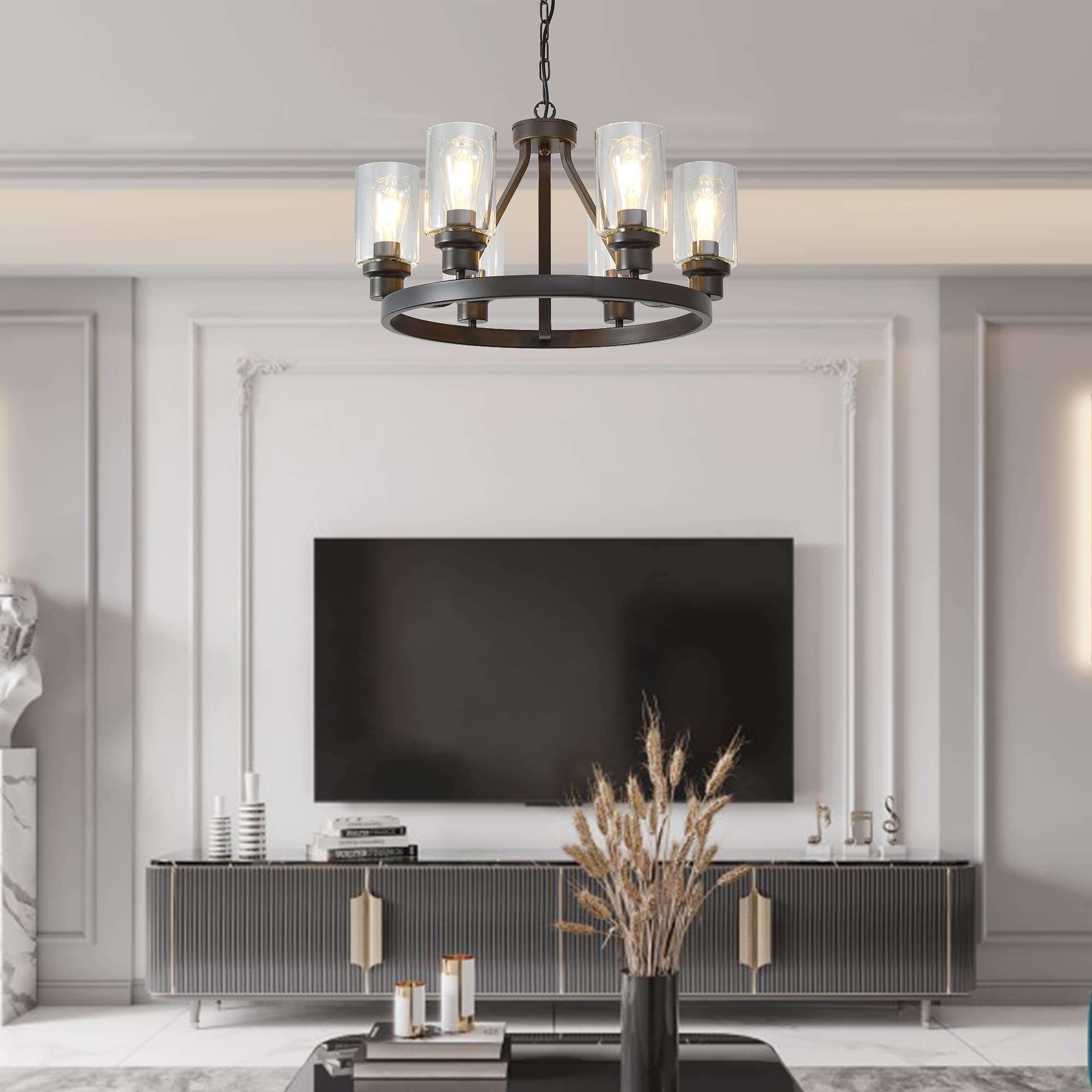 Sivilynus Farmhouse Chandelier - 6 Lights, Oil Rubbed Bronze, Vintage Rustic Ceiling Fixture for Dining Room, Living Room, Kitchen Island