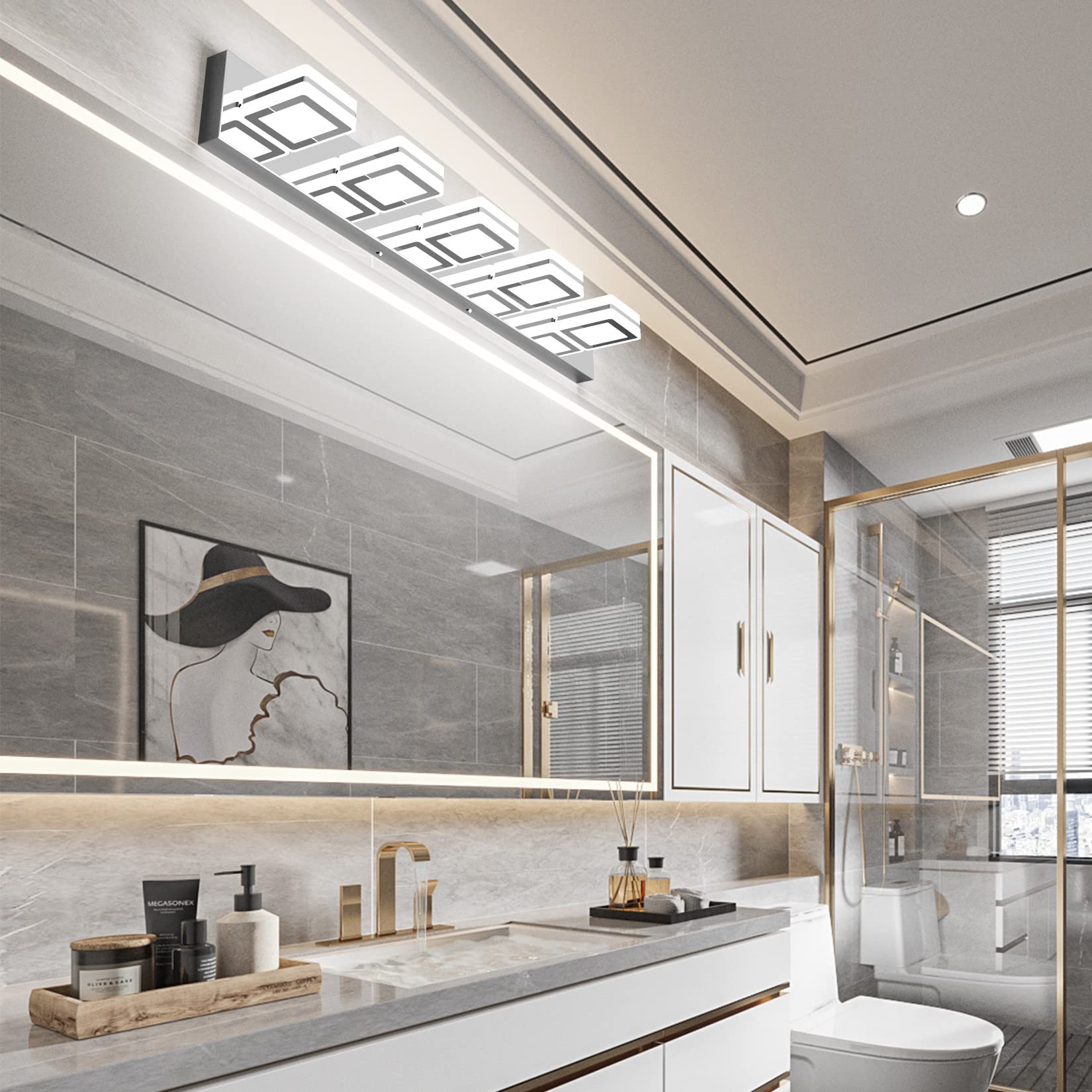 Ralbay 5 Light Modern LED Vanity Light, Chrome Stainless Steel, Model 8596, Wall Mounted, Up and Down Acrylic Lighting for Bathroom