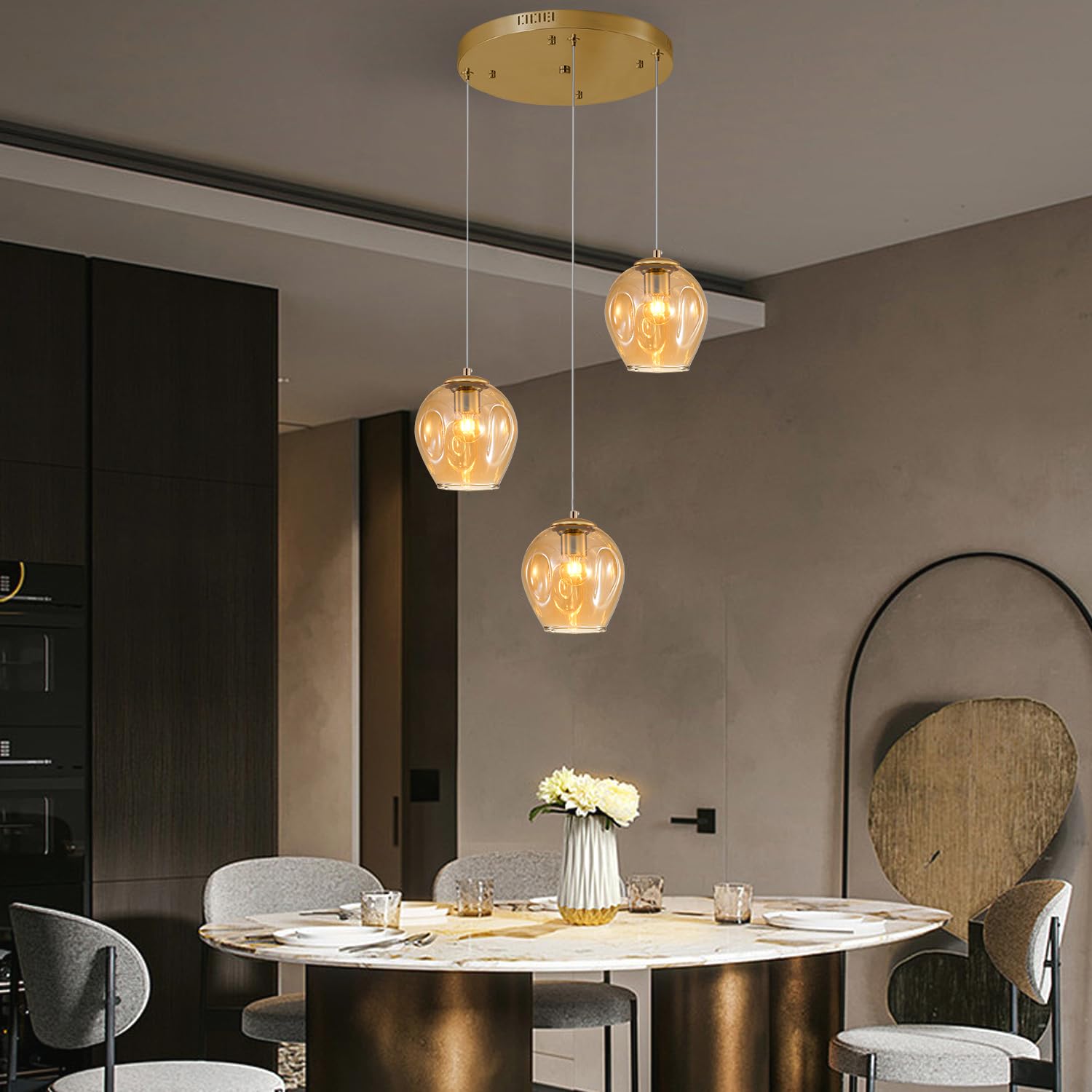 3-Light Gold Chandelier With Led Bulbs & Amber Glass Shade Ceiling Light Pendant Light For Kitchen Island, Dining Room, Living R