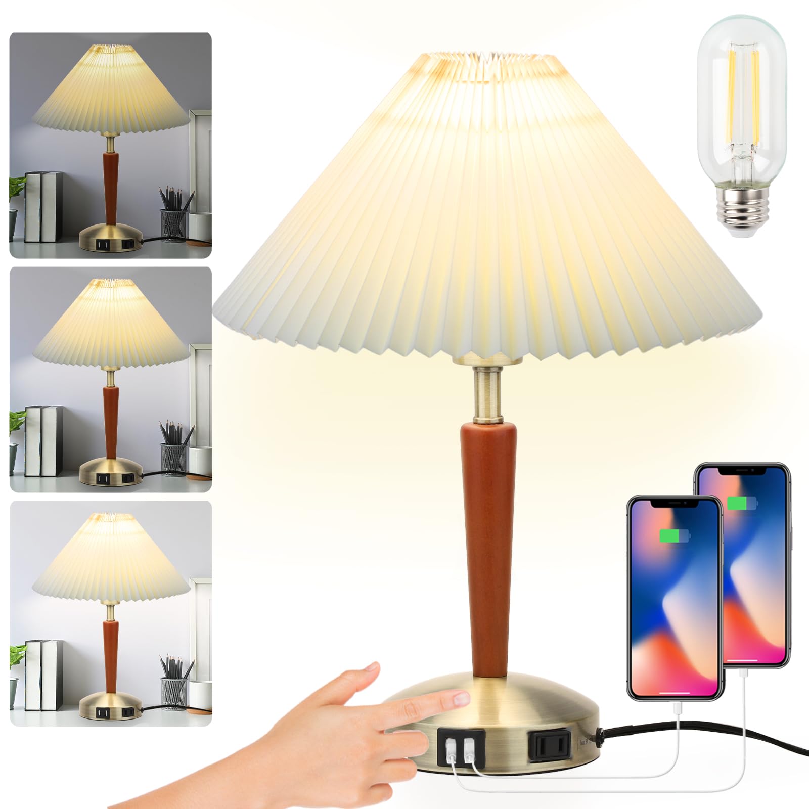 LALISU Touch Bedside Table Lamp - Modern Dimmable Design, Fabric Shade, Warm LED Bulb, Brown, Model LALISUTAB881