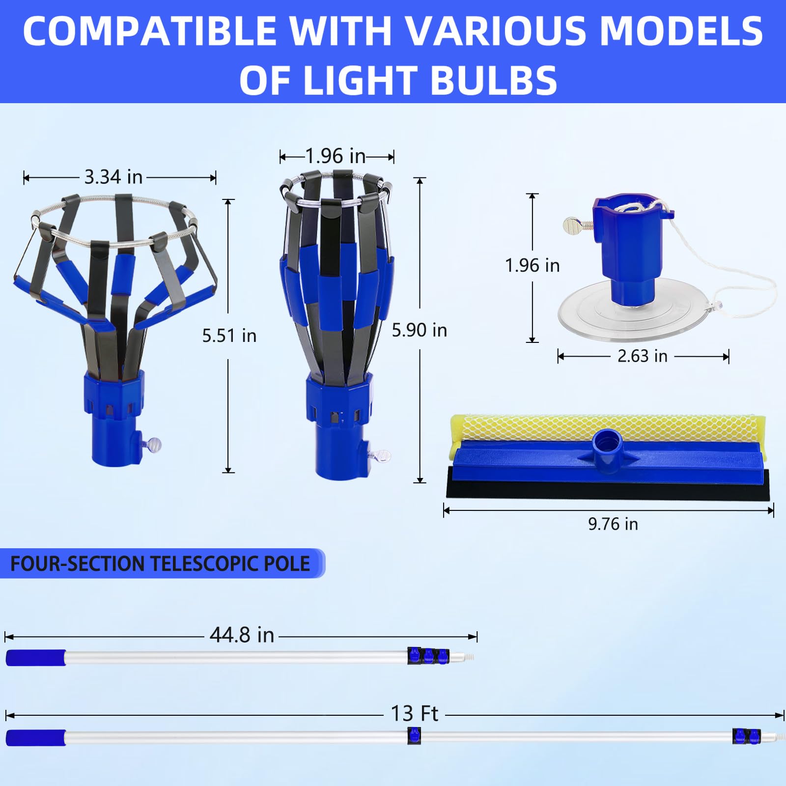 13Ft Extension Pole Light Bulb Changer With Baskets And Suction Cup - Ideal For High Ceilings And Recessed Lights - Household An