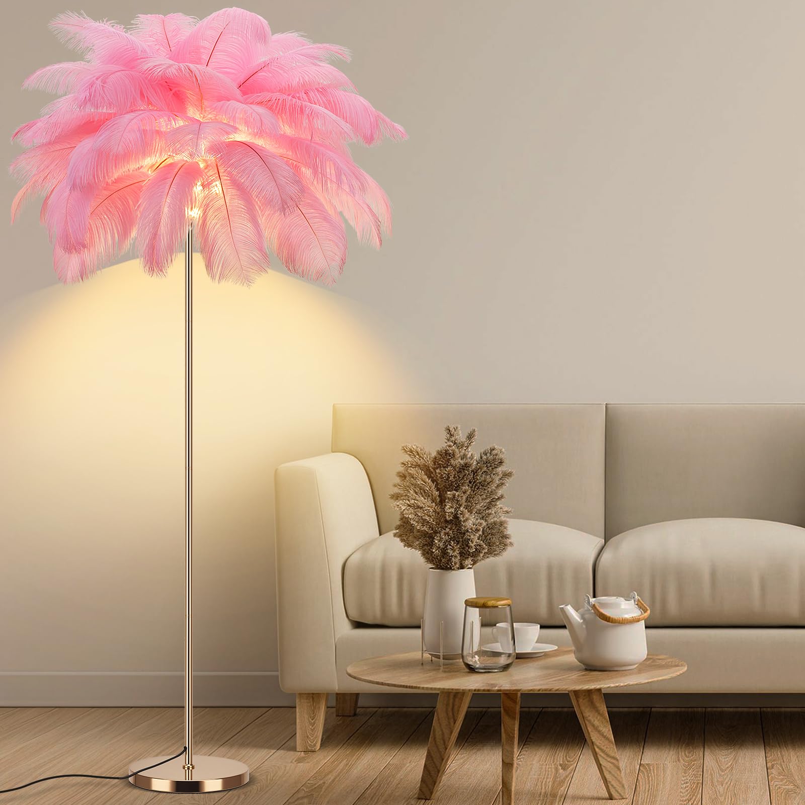 Fivemengo Feather Floor Lamp For Living Room, Fluffy Ostrich Feathers Lamp, Rose Gold Color Body, 3 Color Temperatures Modern Fu