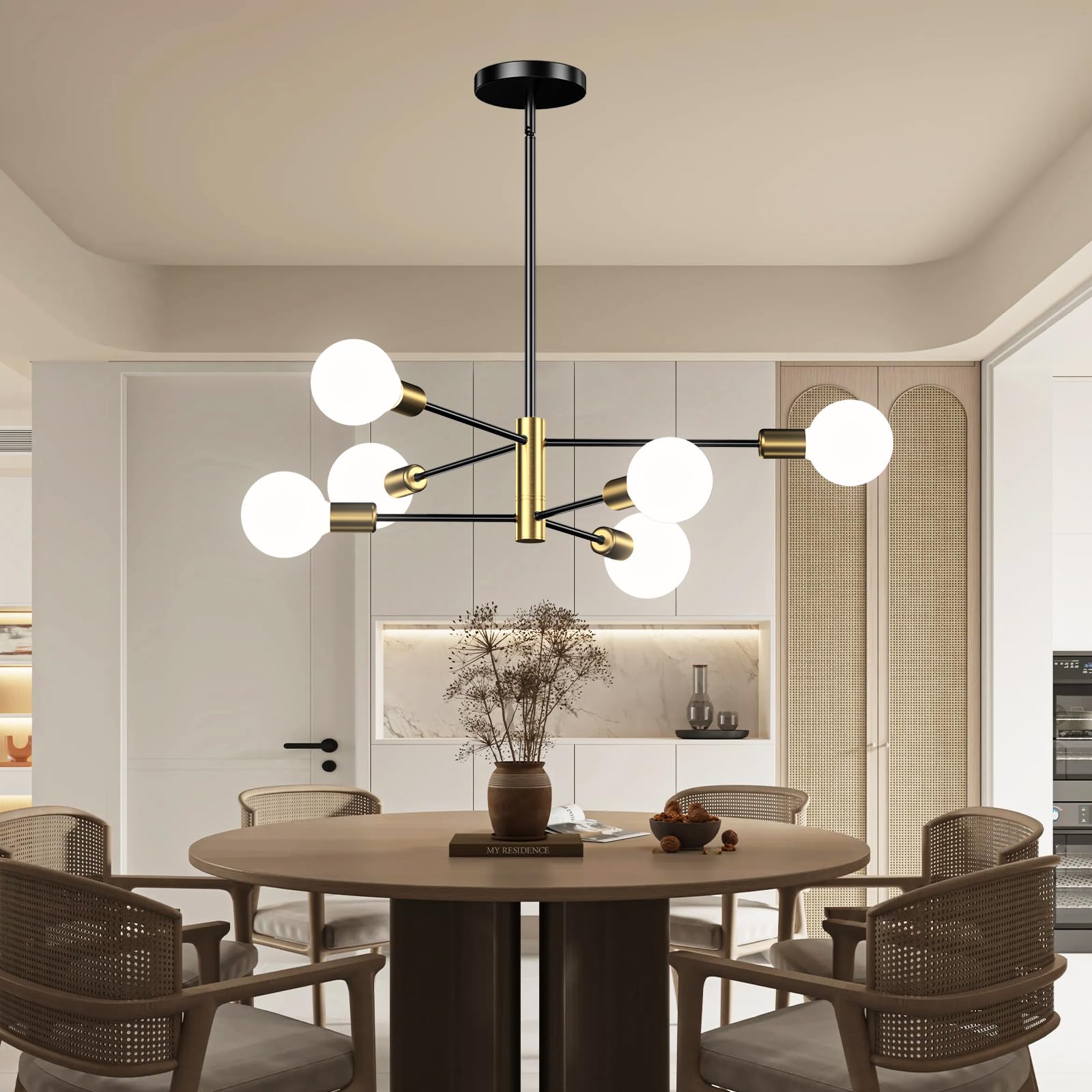 Modern Sputnik Chandelier, Ceiling Light Fixture Flush Mount 4-Lights Black And Gold Chandeliers For Living Room Bedroom Dining