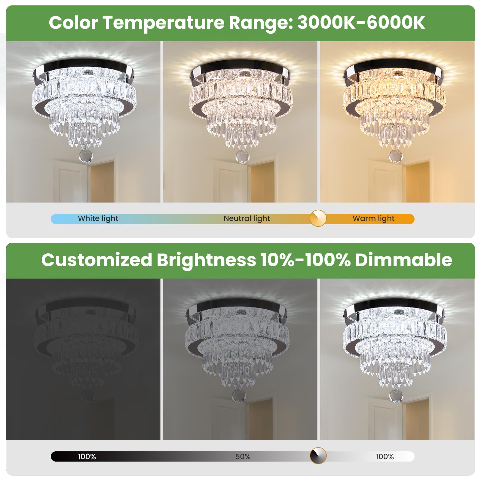 LEONTYNE Modern Crystal Dimmable LED Chandelier Light, 11.8 inch Flush Mount Ceiling Fixture, Remote Control, MC002-D-New, Color MC002-D-New