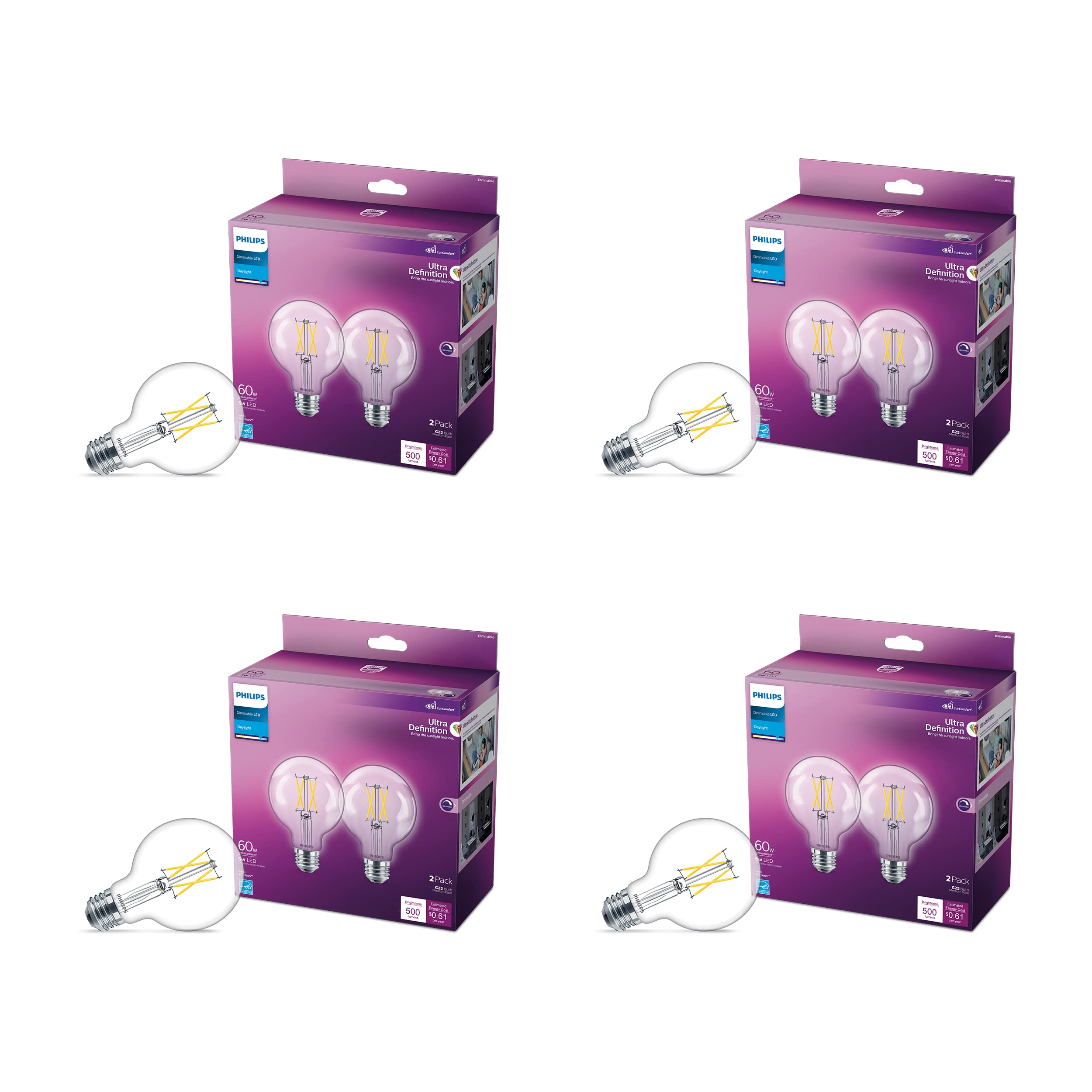 Philips LED G25 Light Bulb, 500 Lumen, 5.5W=60W, Dimmable, Daylight 5000K, Clear Glass, 4-Pack