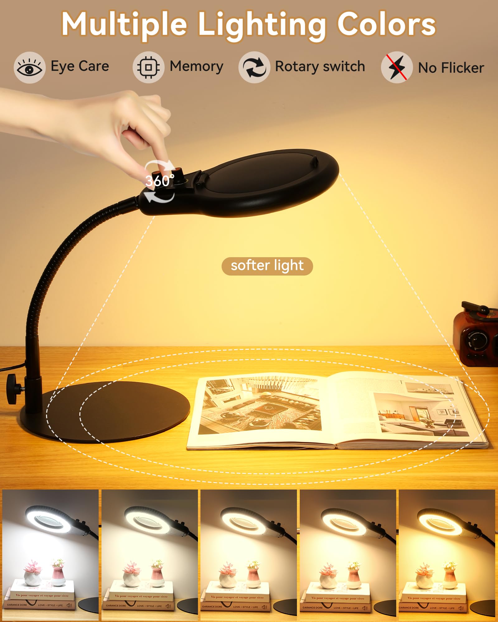 Jeedefi 10X Magnifying Glass With Light And Stand, Flexible Gooseneck Led Lighted Desk Lamp, 2200 Lumens Multiple Color Modes St