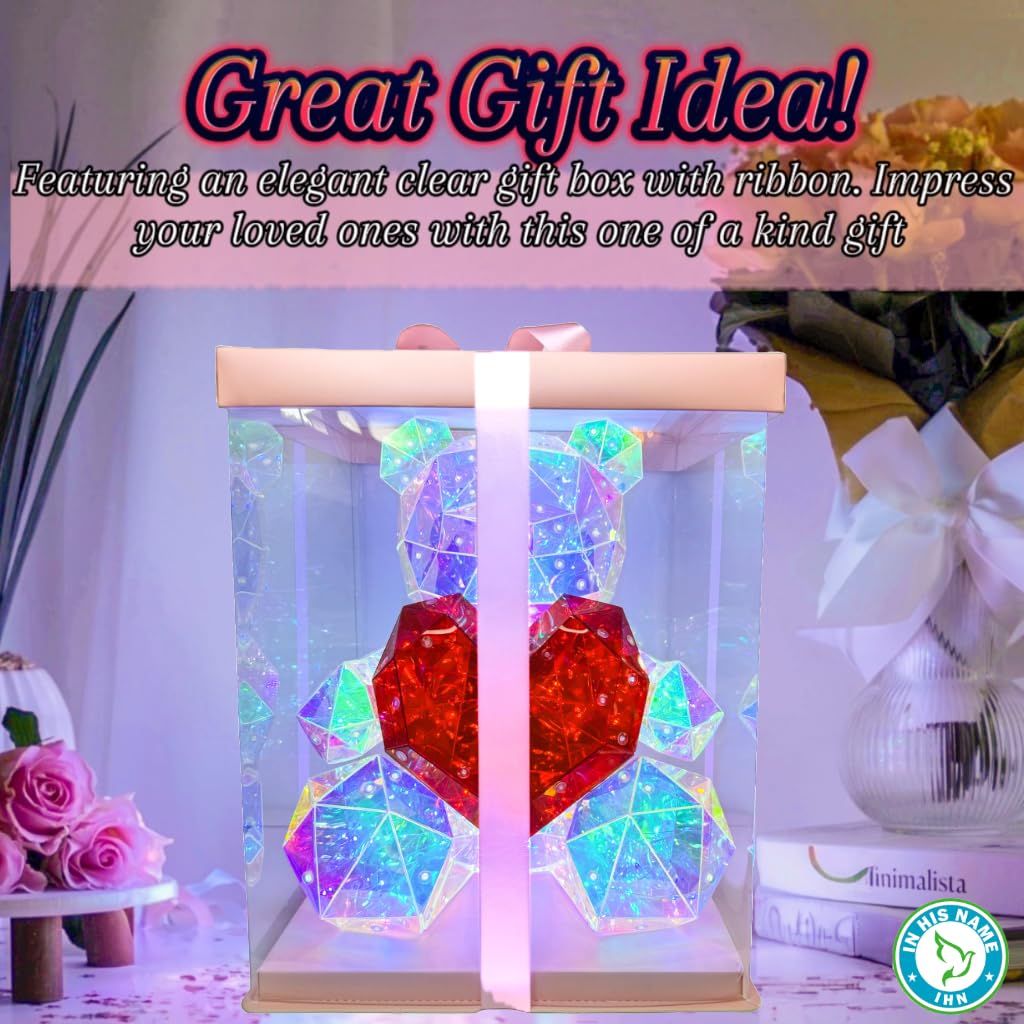 In His Name LED Teddy Bear Night Light with Red Heart, Multicolor, Plastic, Ideal for Kids Room and Nursery Decor