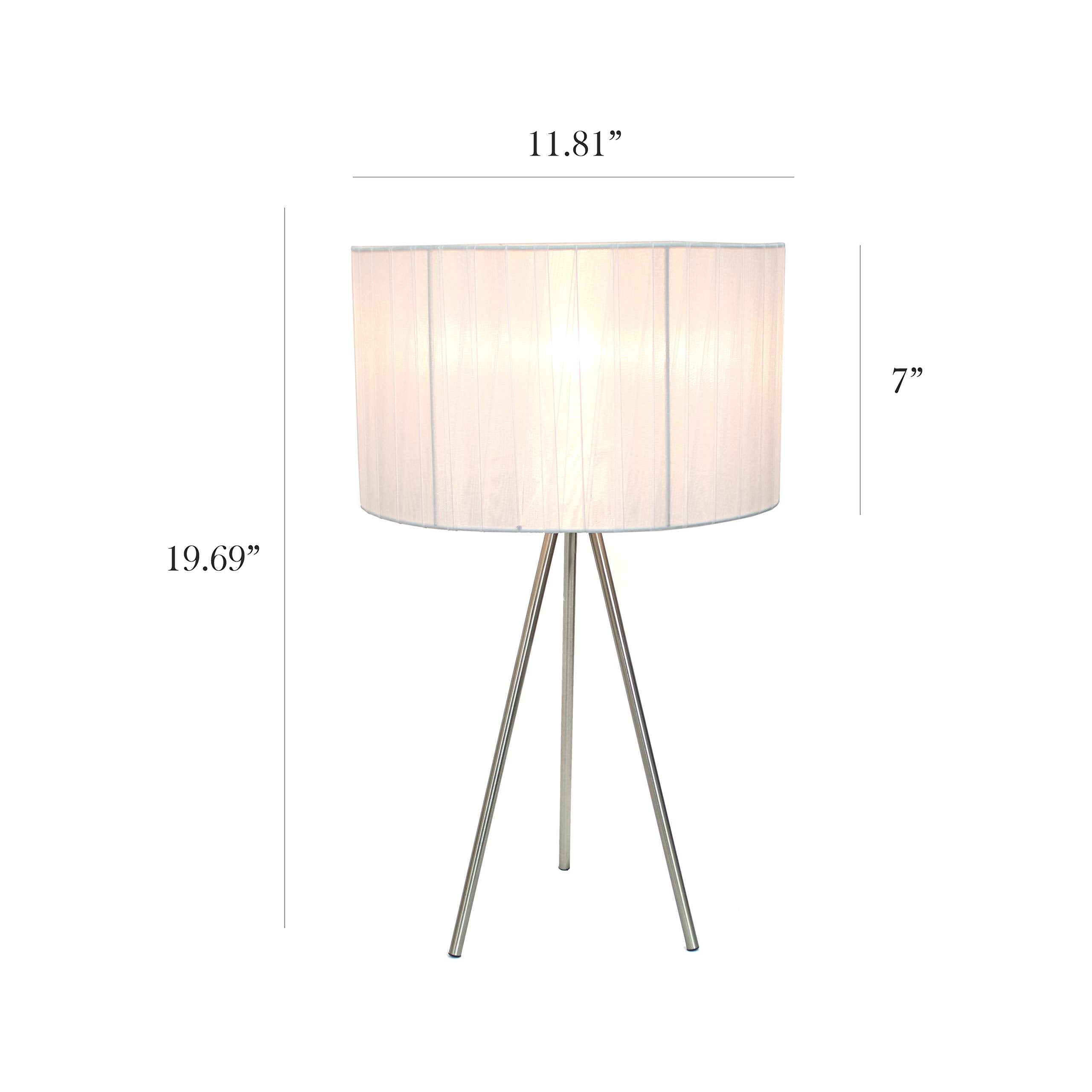 Simple Designs Lt2006-Wht Brushed Nickel Tripod Table Lamp With Pleated Silk Sheer Shade, White