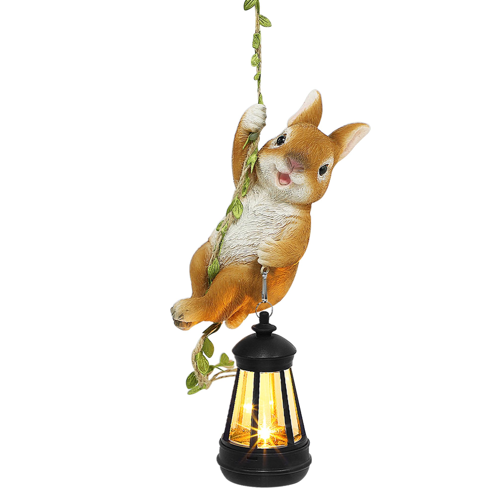ZaaYee Solar Hanging Bunny Rabbit Statue, Outdoor Resin Animal Figurine with LED Lights for Garden, Fence, Porch, Patio, Yard De