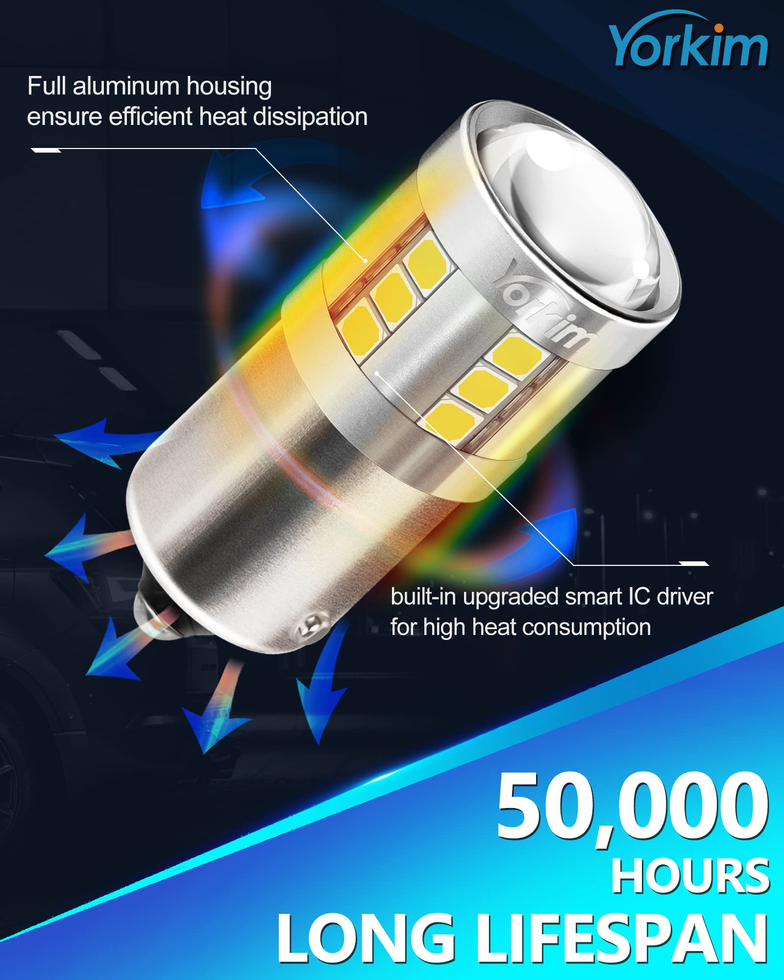 Yorkim 1156 LED Bulb, 3000 Lumens, White, BA15S P21W, Pack of 2, Super Brighter for Car Backup Tail Brake Turn Signal Lights