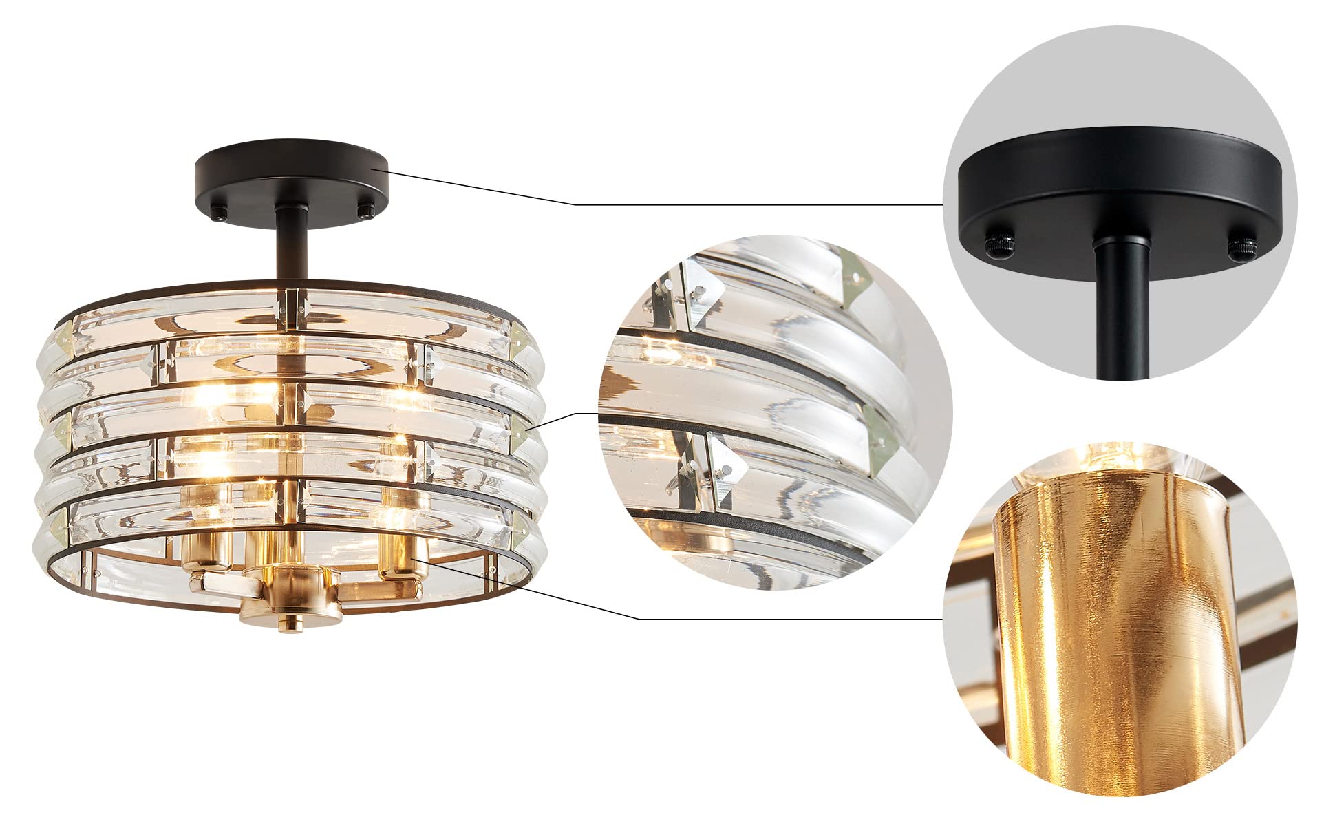 Agv Lighting Ch015Bb Crystal Semi Flush Mount Ceiling Light Fixture, E12 Base 3-Lights, D12 X H 9'', Crystal Lamp Shade, Light G