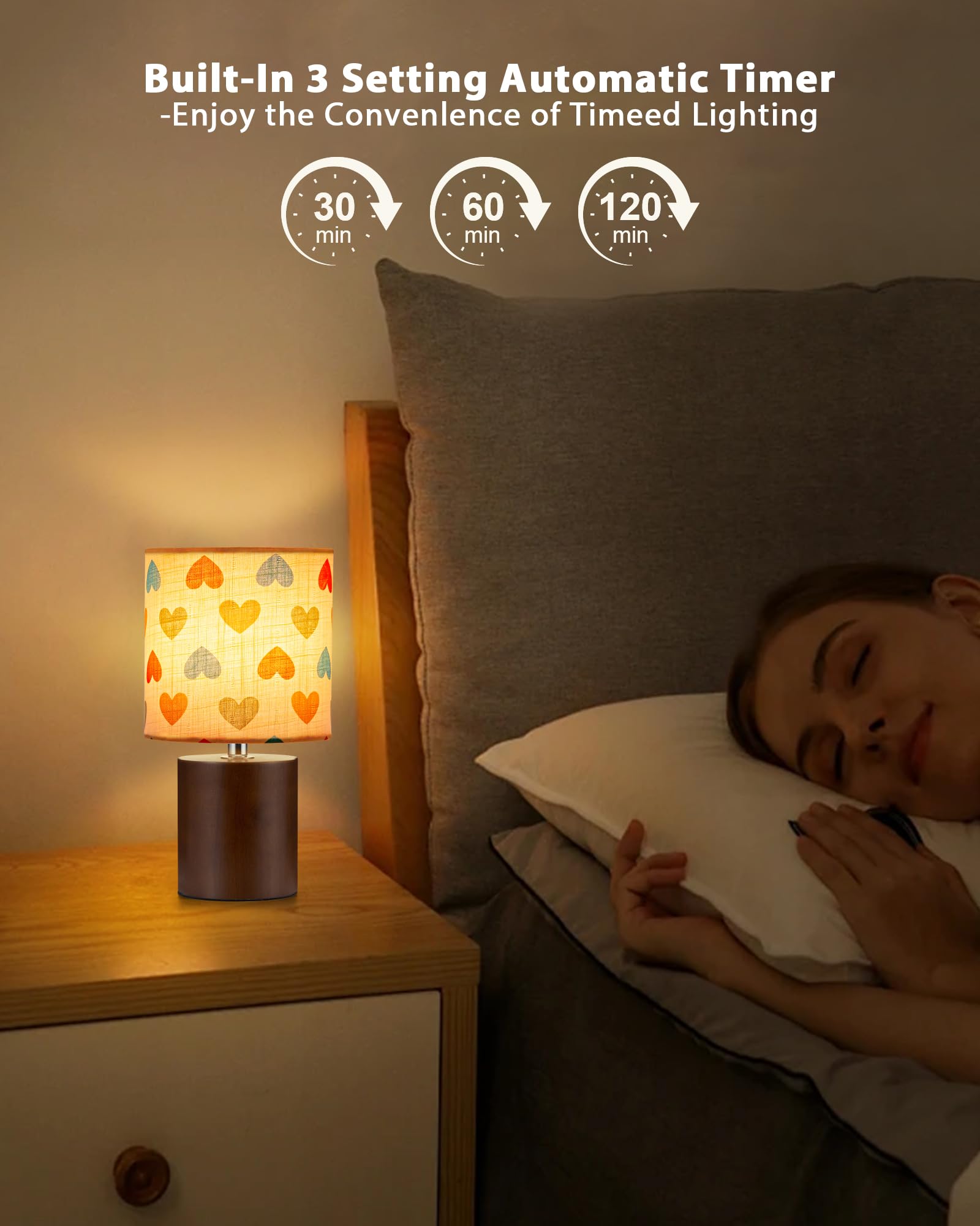 UMEXUS Rechargeable Cordless Table Lamp with Timer, Remote, Dimmer, Small, Linen, Colorful Heart, Model 90027
