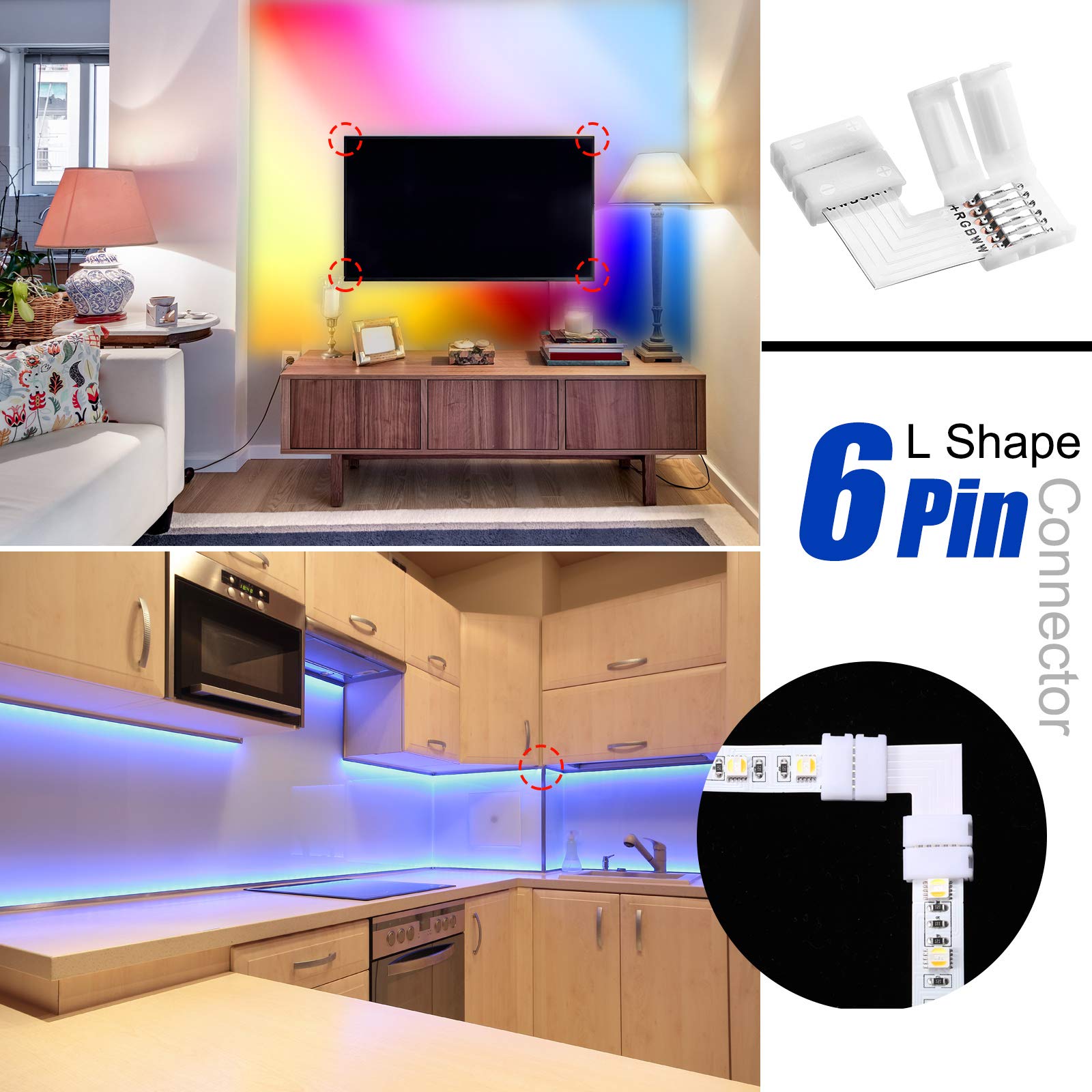 12 Pieces 6 Pins Led Strip Connectors Set L Shape Led Strip Light Connectors 12 Mm Solderless Connector For 6 Pin Led Strip
