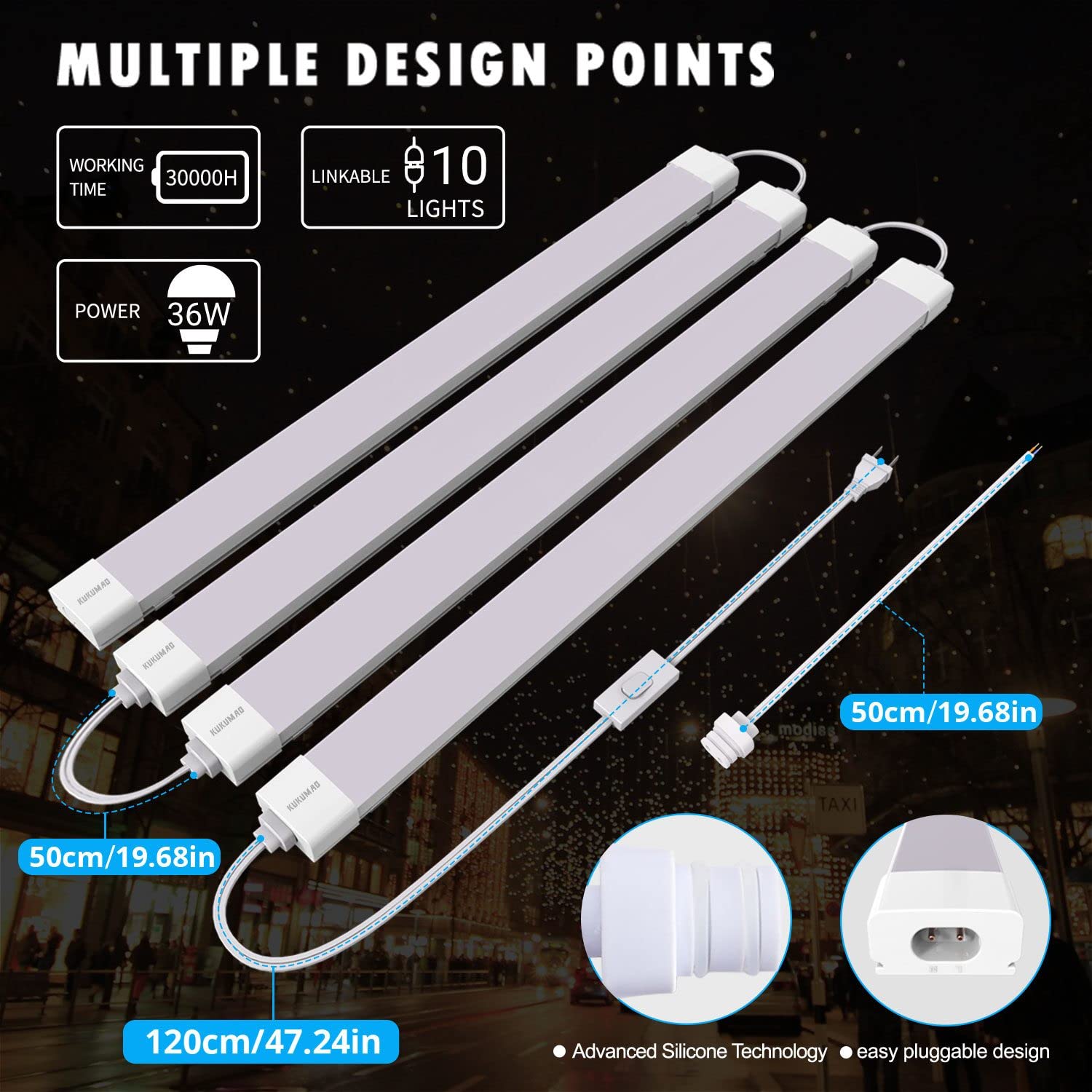 Utility Led Shop Lights Fixture With Plug 4Ft 5000K 36W 3600Lm Linkable Waterproof Led Closet Light Under Cabinet Light Ceiling