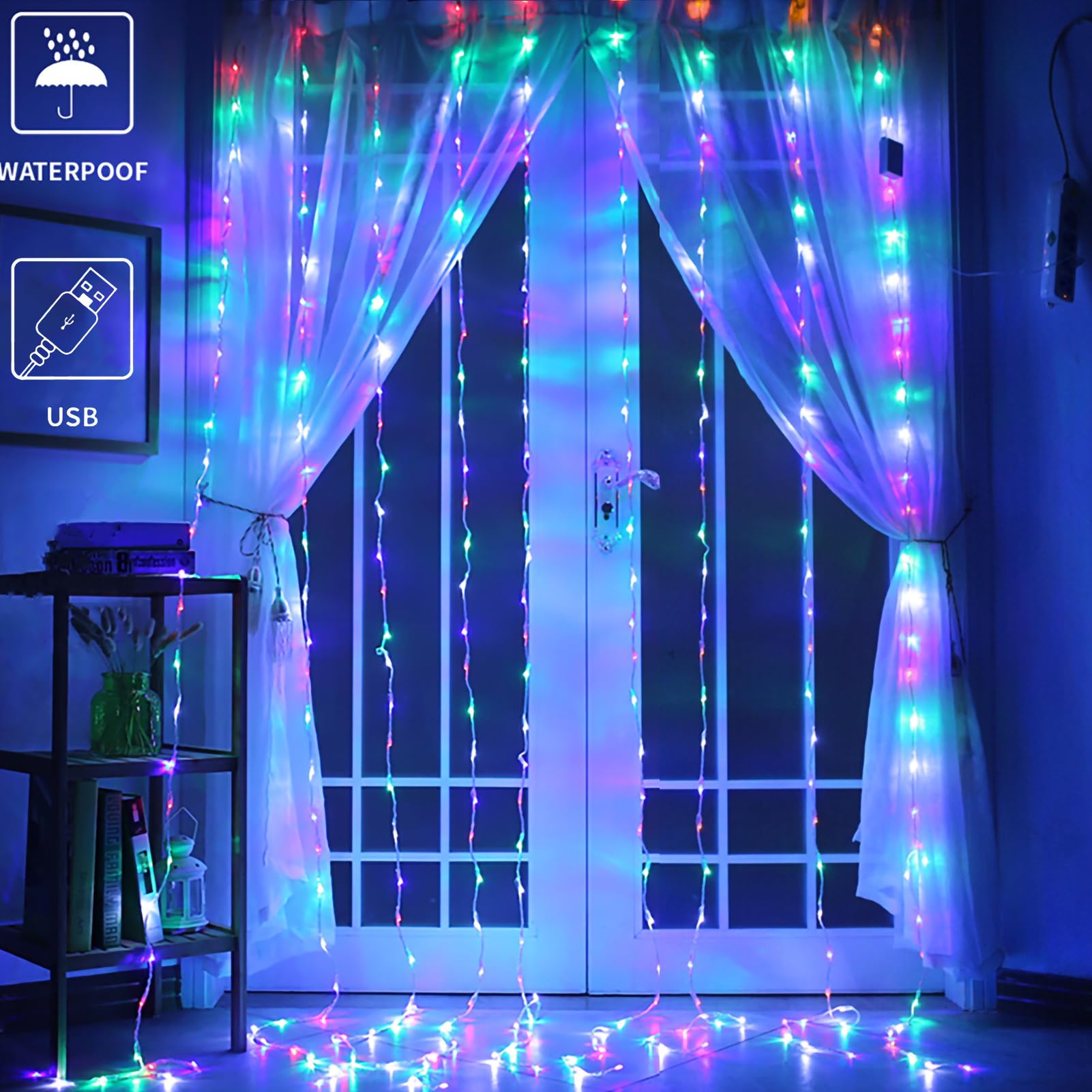 Yeoleh String Lights Curtain,Usb Powered Fairy Lights For Party Bedroom Wall,8 Lighting Modes & Ip64 Waterproof Ideal For Wedding Valentines Day Decor (Multi-Colored,7.9Ft X 5.9Ft)