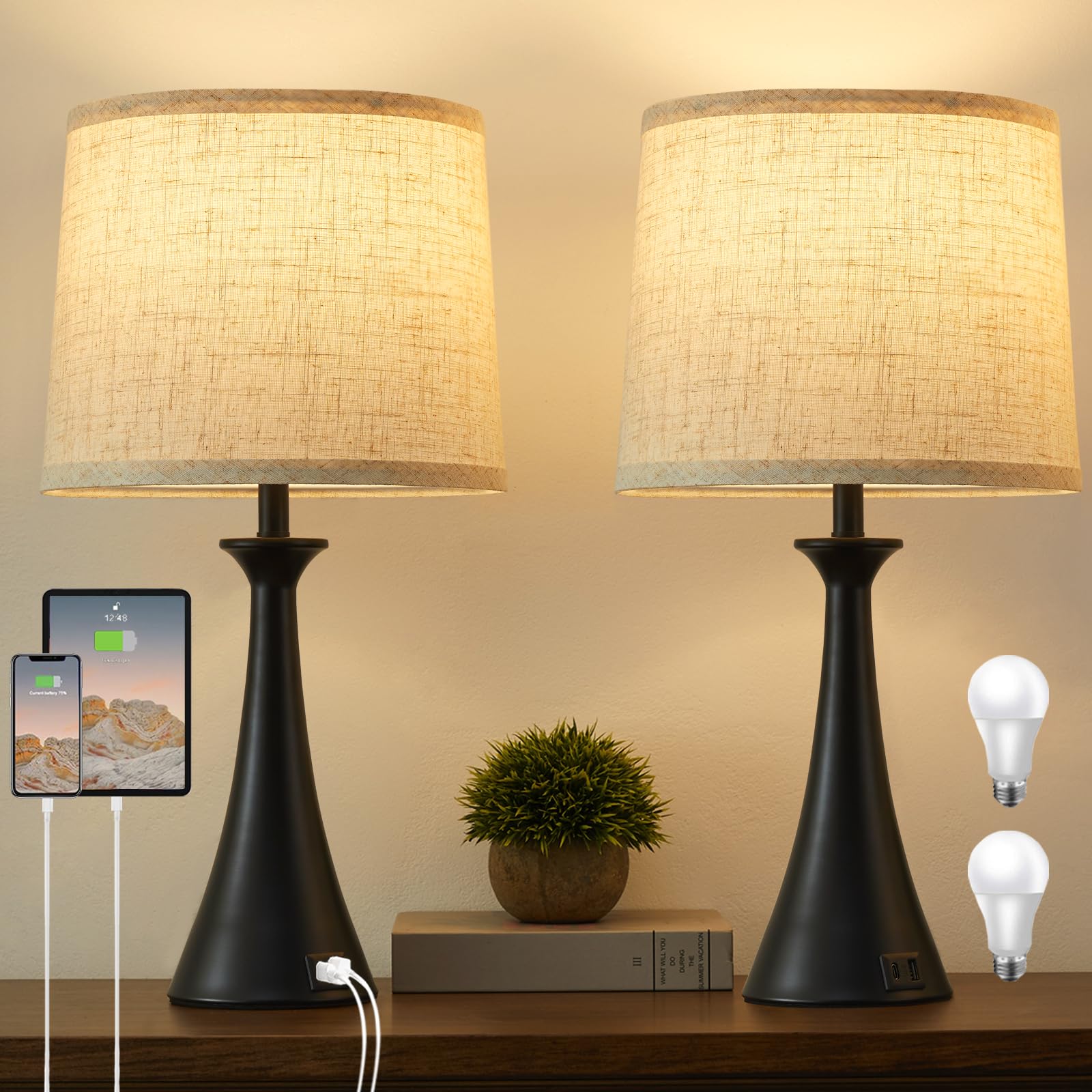 Hikczc Touch Lamp for Living Room Bedroom  21 Table Lamps Set of 2 with USB C+A Ports  Touch Bedside Lamps for Nightstand with 3 Way Dimmable  2 LED Bulbs Included  Black