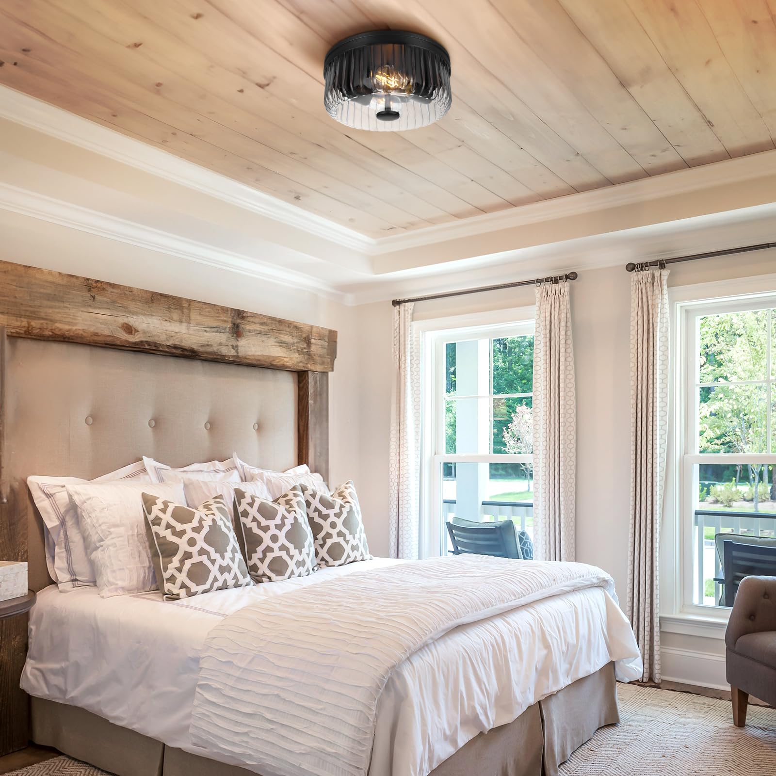 Rosient Modern Flush Mount Ceiling Light, Ceiling Lamp With Clear Striped Glass Shade, Rustic Round Ceiling Light Fixture For Ki