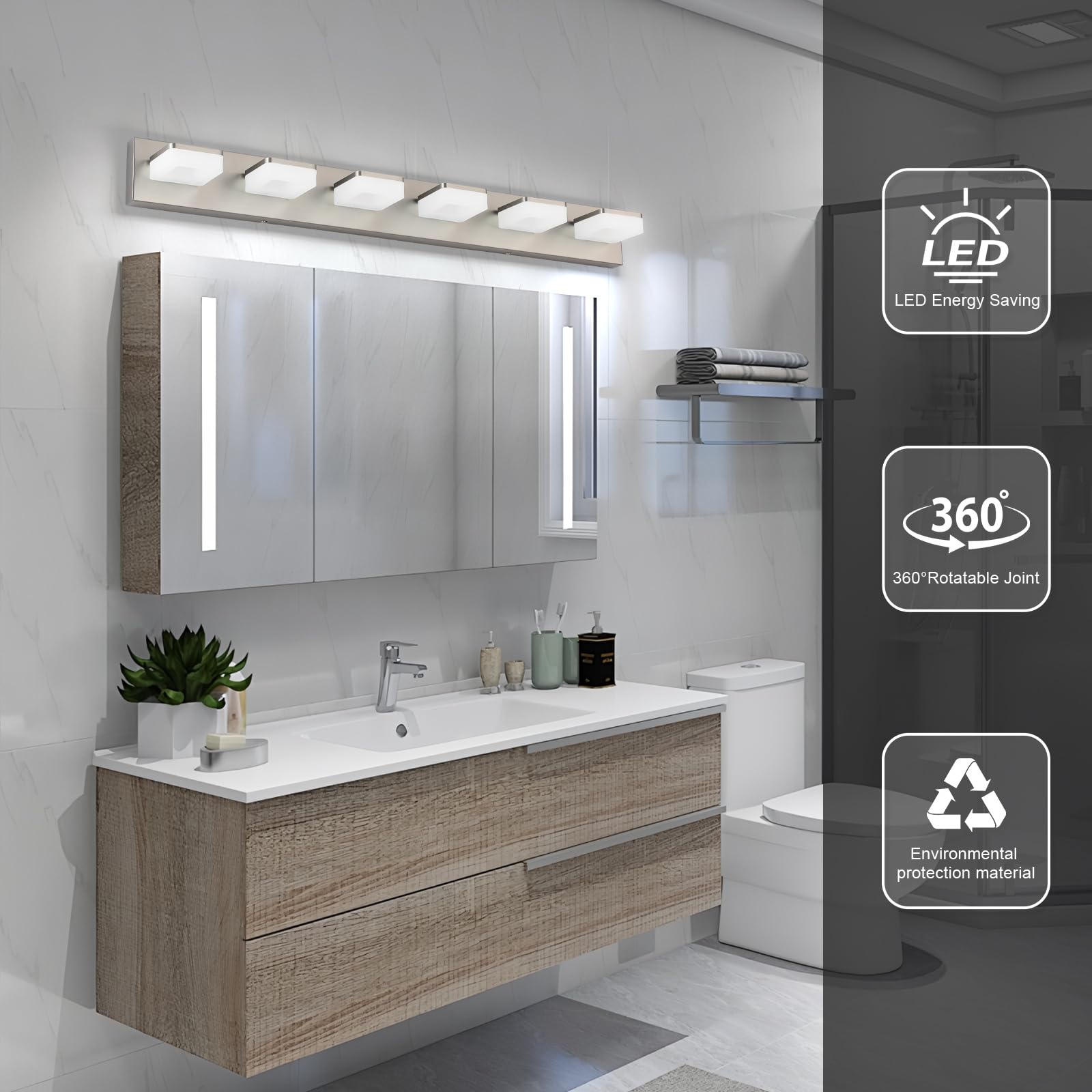 Bicrink 6-Light Brushed Nickel Vanity Light Fixture, 39" Modern LED Bath Lighting for Mirror, Model 9811