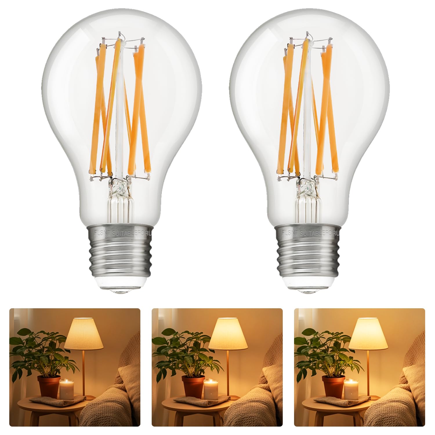 Flsnt 3 Way Led Light Bulb E26 Standard Base, 50W 100W 150W Equivalent, 3-Way Dimmable A23 Led Clear Light Bulbs, 2700K Soft Whi