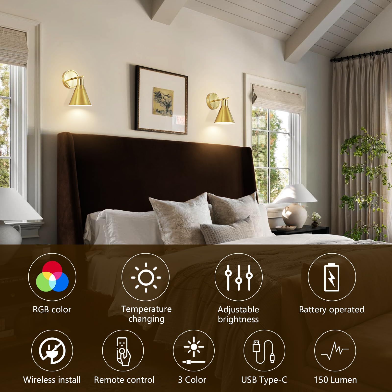 Bailoch Rechargeable Wall Sconce Set of 2, Wireless Dimmable, Gold, Model BLWS004B2, Battery Operated, LED Bulb Included