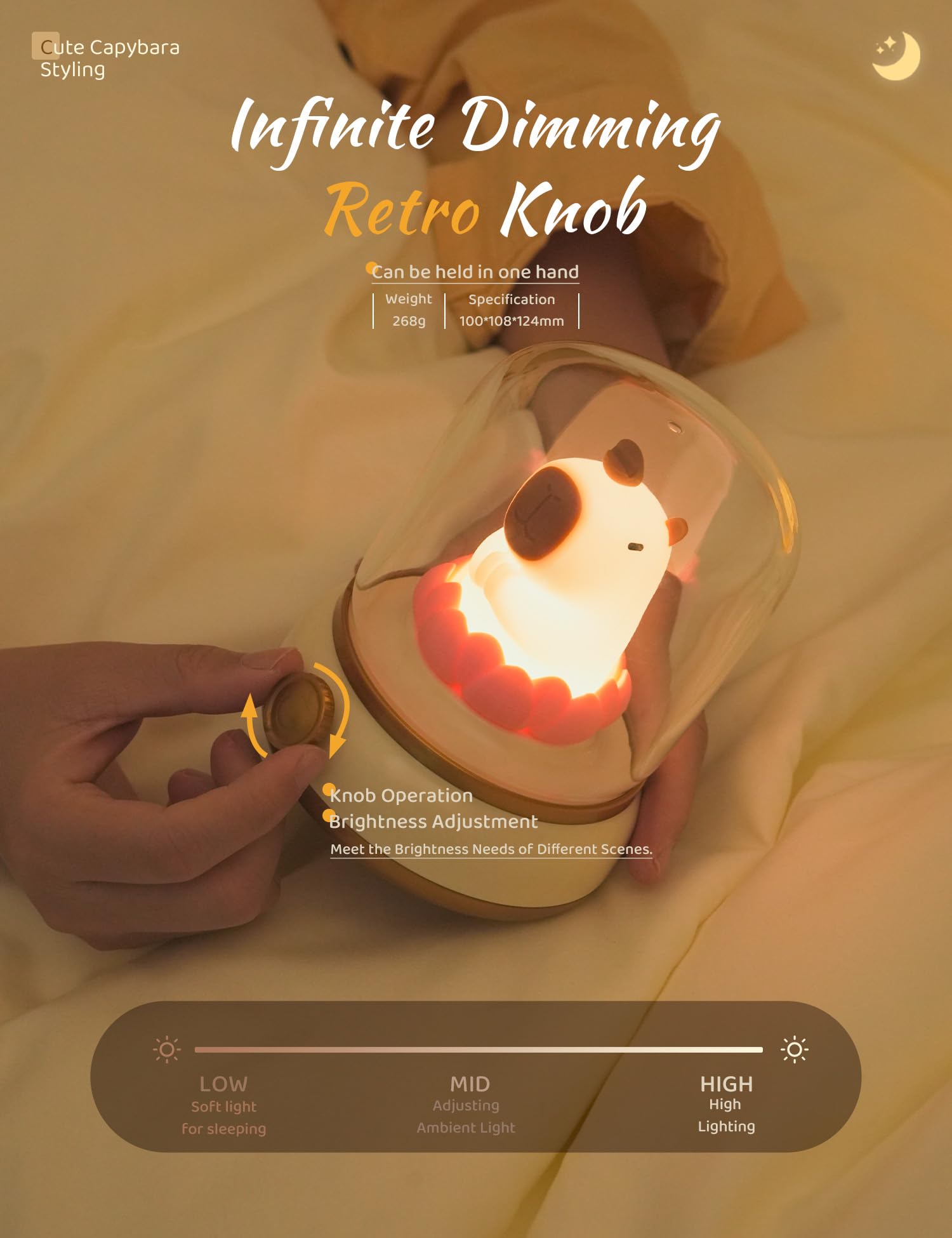 Wanidea Lucky Capybara Night Light, Cute Rechargeable Lamp For Kids, Rotatable Brightness Adjustment, Lucky Capybara Gift (Yello