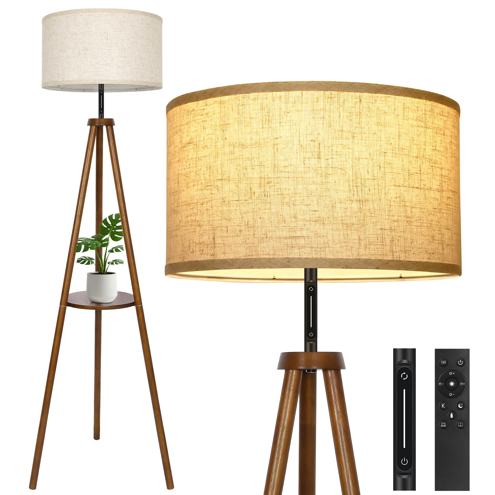 OUTON Wood Tripod Floor Lamp, LED Dimmable with Remote & Touch Control, Walnut Finish