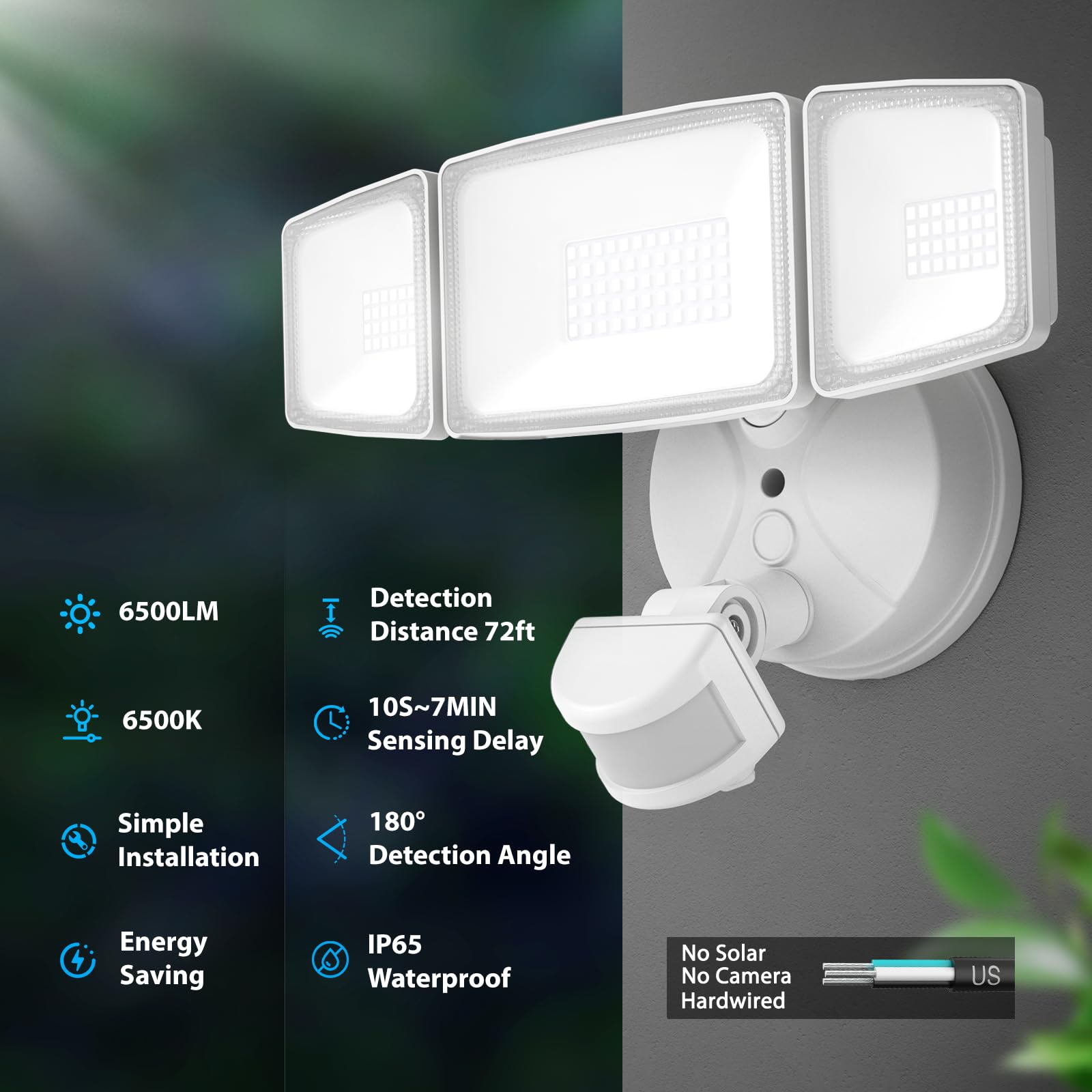 Onforu 65W LED Motion Sensor Outdoor Lights, 3 Adjustable Heads, 6500LM, IP65 Waterproof, White, Model BDB65G-3