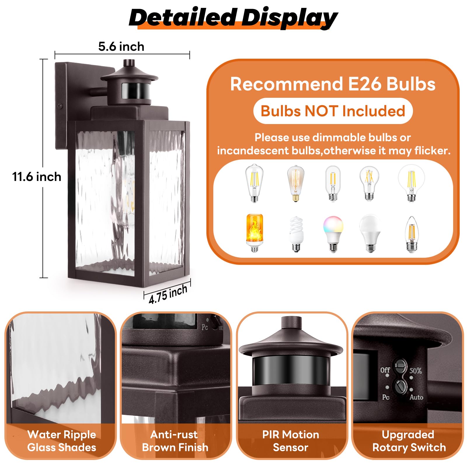 11.6'' Motion Sensor Outdoor Wall Lights, Waterproof Exterior Lighting Fixtures With Water-Rippled Glass, Brown Modern Outside W