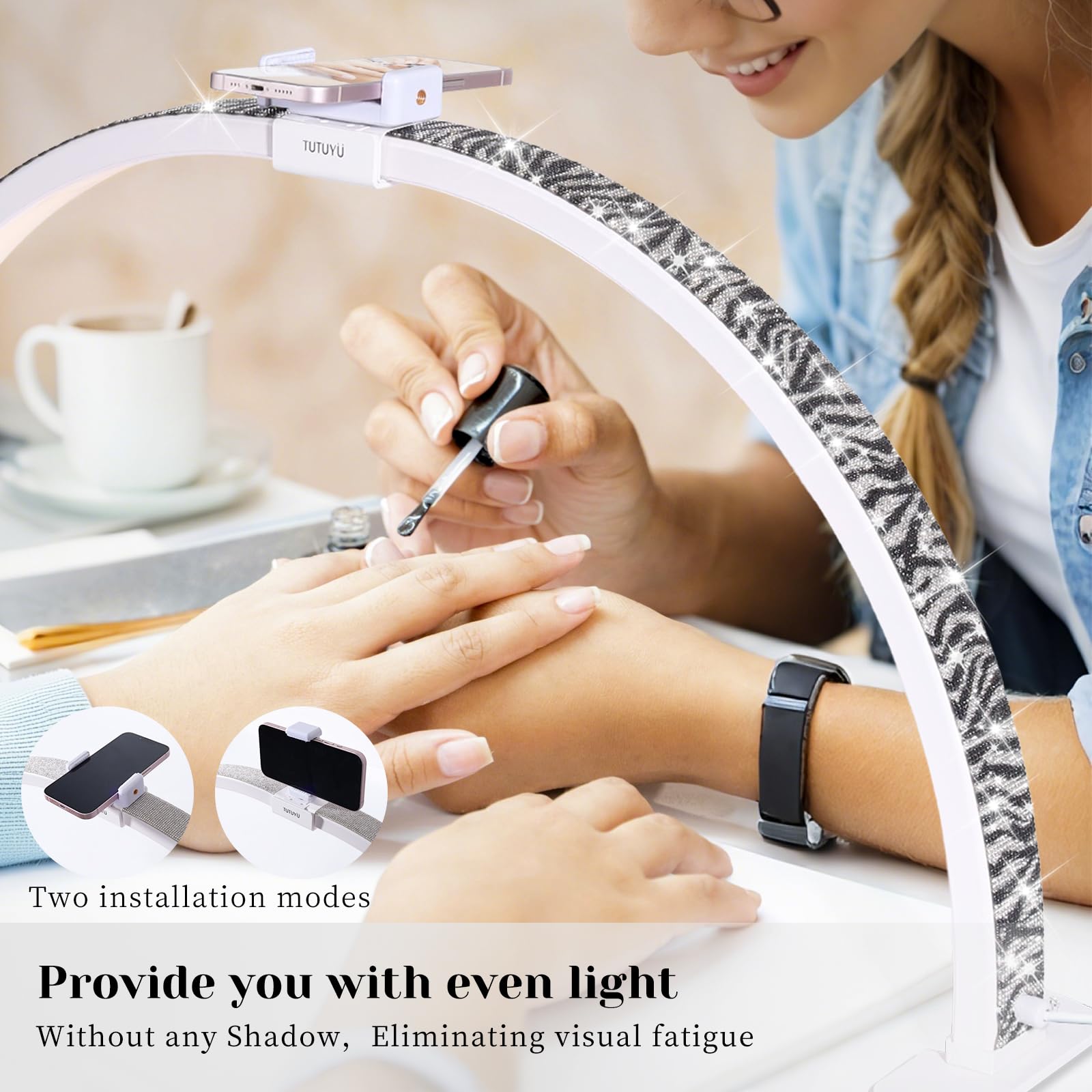 Tutuyu Upgraded 31.5 In Half Moon Light, Easily Detachable & Assemblable Arched Desktop Manicure Nail Lamp & Eyelash Lamp With M