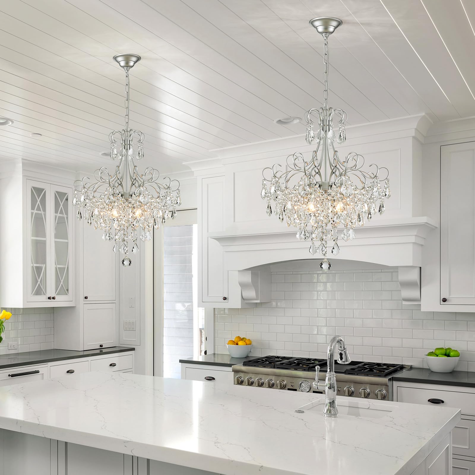 WUZUPS 5-Light Crystal Chandelier Pendant Ceiling Light, 22.4" H x 18.3" W, Silver Metal, Modern Fixture for Dining Room, Hallway, Kitchen